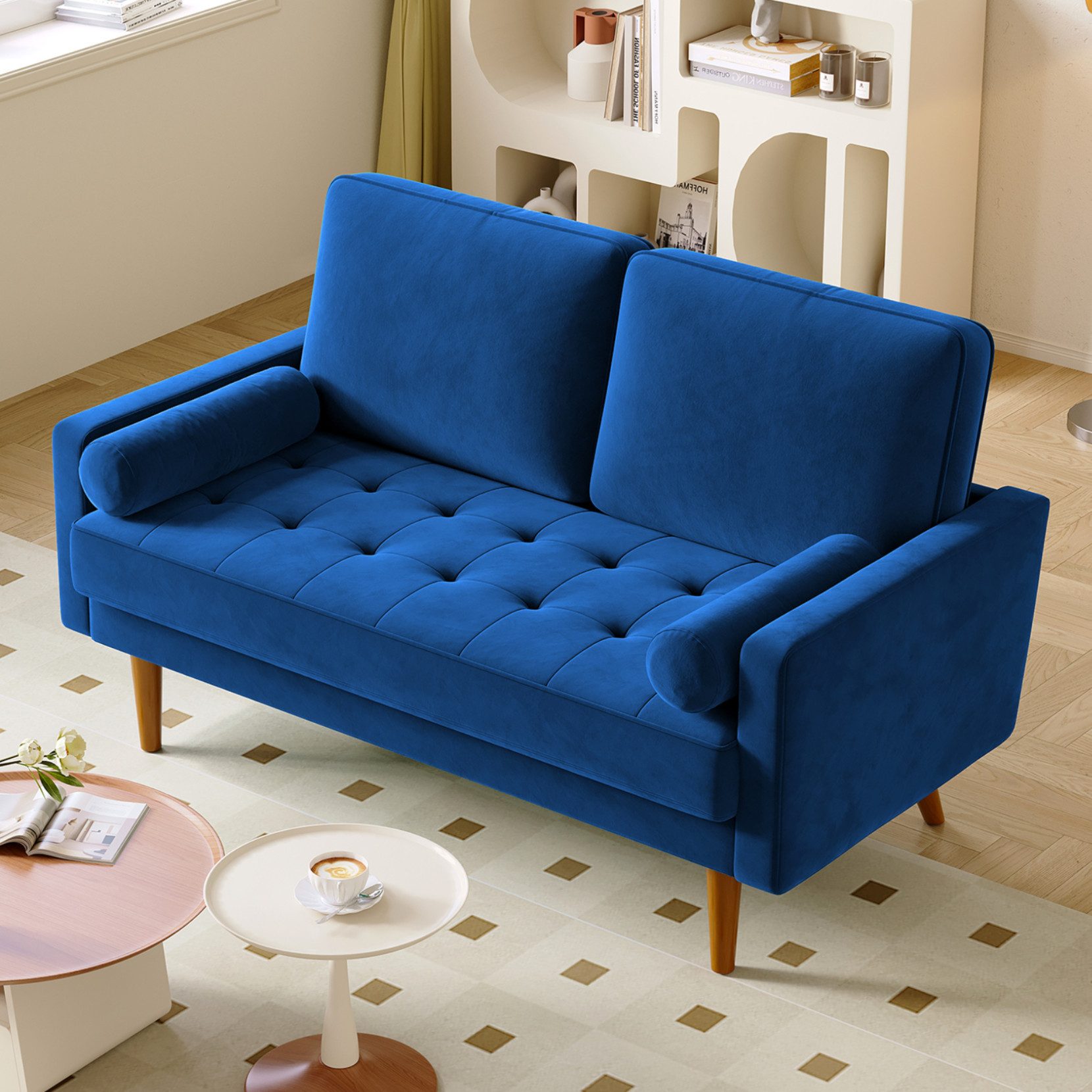 OUNUO Sofa 121cm Kleines Loveseat Sofa Couch aus Samt und Leinen mit 2 Zierkissen