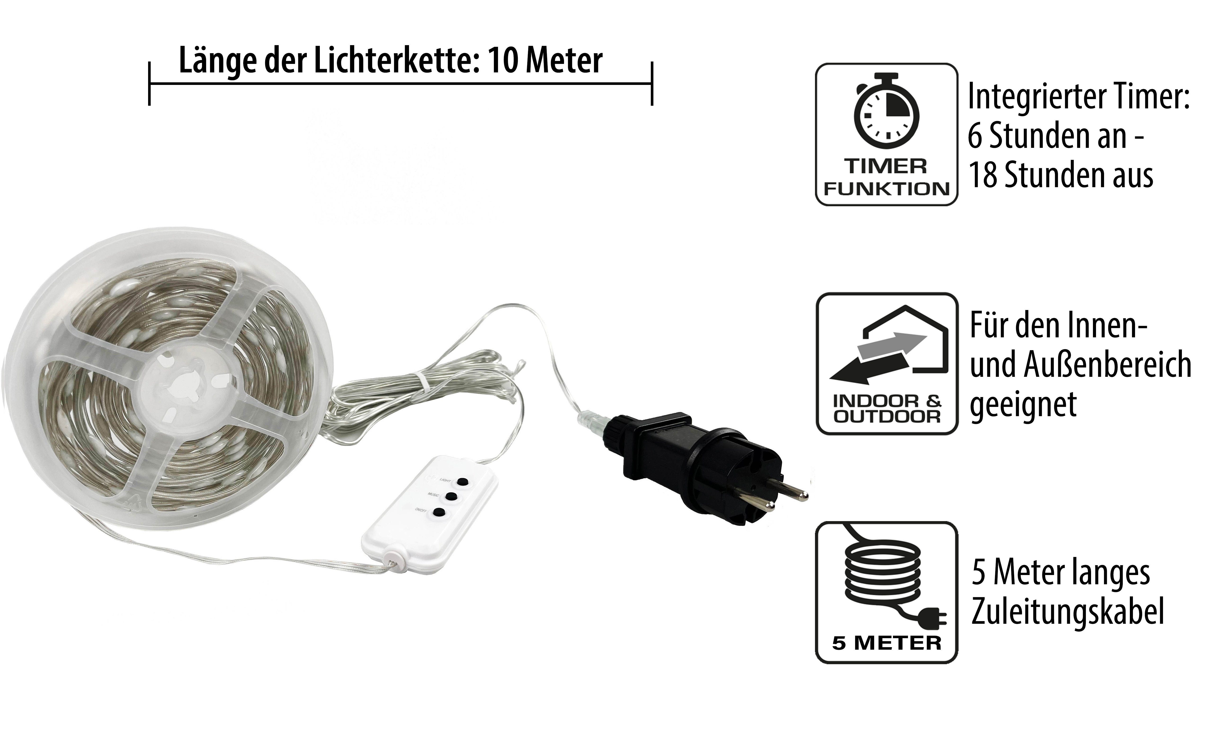 Northpoint LED-Lichterkette LED Effektlichterkette mit Musiksensor 100 LEDs IP44 10m lang Timer