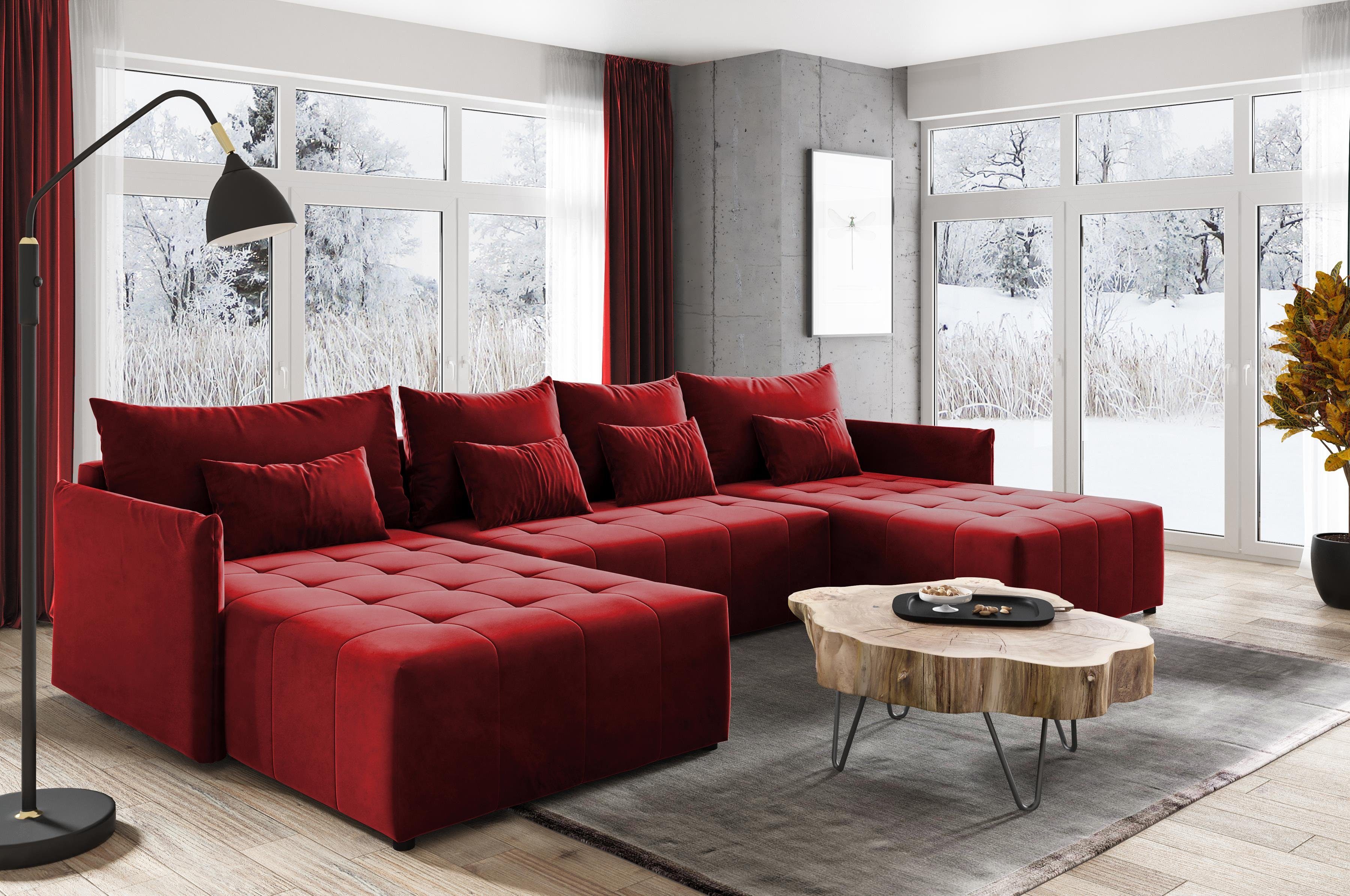 Compleo Ecksofa Ecksofa mit Schlaffunktion aus Velourstoff NAPOLI U-Form, Sofa rot