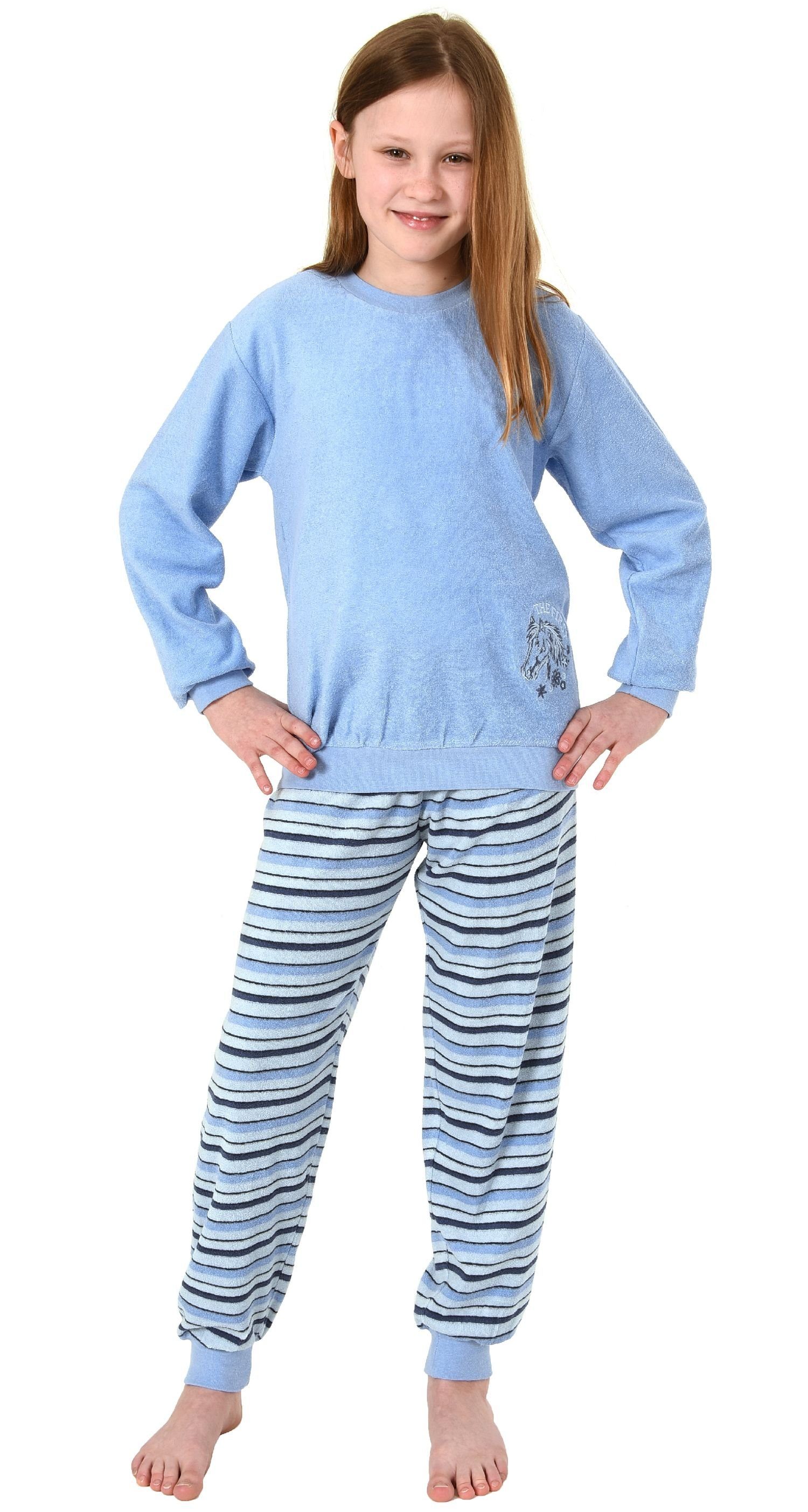 Normann Pyjama Mädchen Frottee Schlafanzug langarm mit Bündchen und Pferd als Motiv hellblau