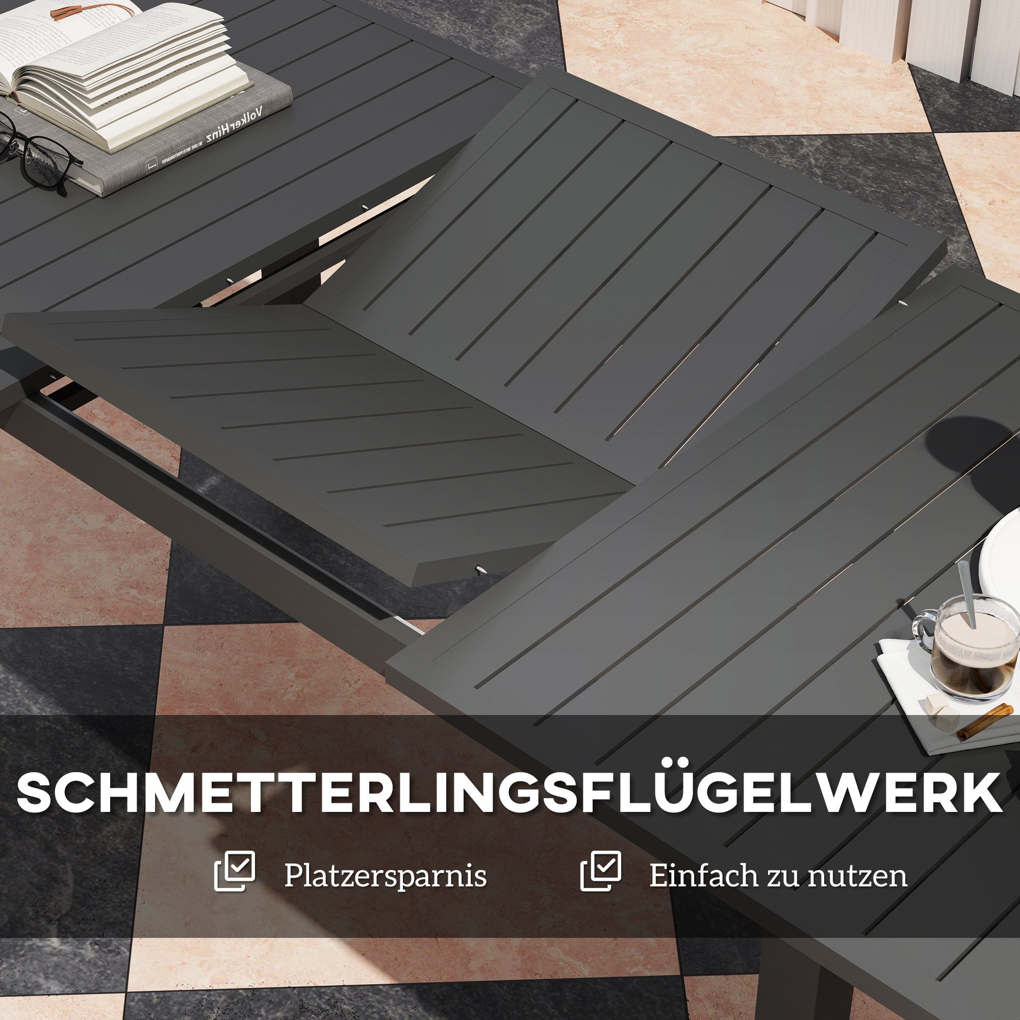 REDOM Gartentisch Ausziehbarer Aluminium 160/220x90 cm für 6-8 Personen Grau (Packung, 1-St., Flexibler Campingtisch mit stabiler Konstruktion für gesellige Runden), Outdoor Esstisch für Balkon, Terrasse und Gartenbereich