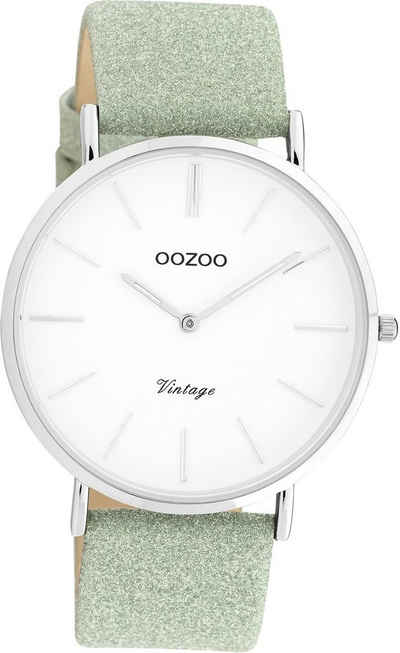 OOZOO Quarzuhr Oozoo Damen Armbanduhr grün Analog, Damenuhr rund, groß (ca. 40mm) Lederarmband, Fashion-Style