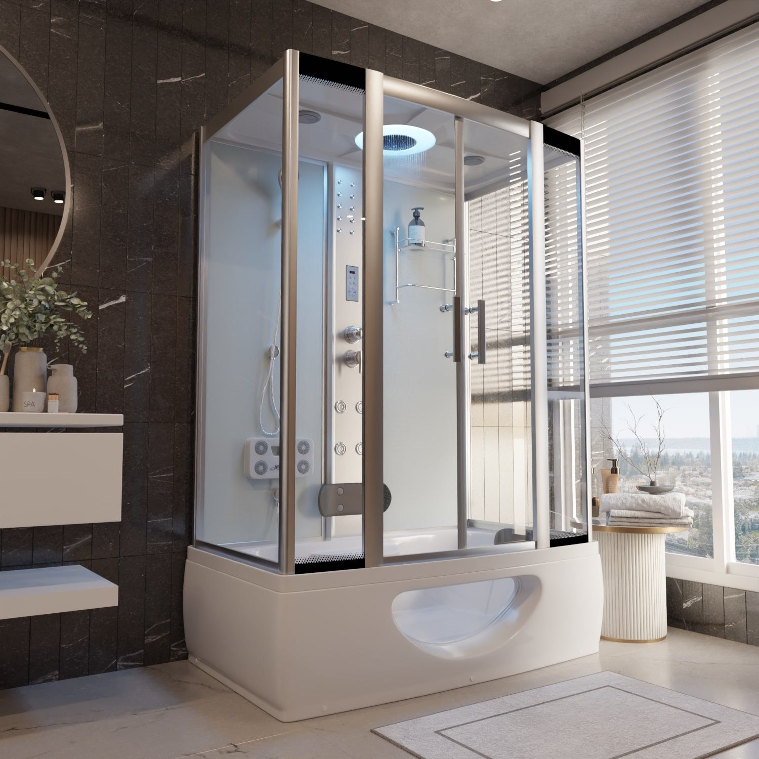 TroniTechnik Eckdusche IKARIA Acrylbadewanne mit Rundum- Sicherheitsglas, Farblichttherapie, BxT: 135x80 cm, Komplettdusche inkl. Farblicht, Radio, und Massagefunktion, Whirlduschkombination mit Sanitäracryl, 135cm x 80cm x 220cm, Sicherheitsglas, integriertes Radio, Massagefunktion