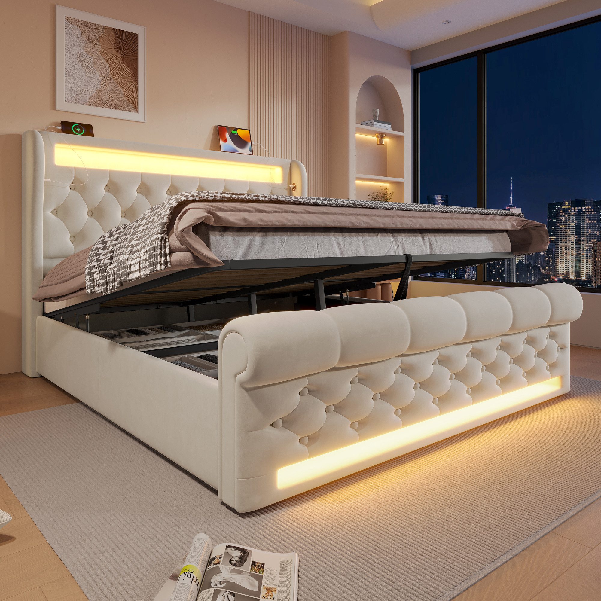 i@home Polsterbett mit Stauraum, LED & USB, Matratzenoption, Grau/Beige (Wahlweise mit Matratze), 90/140/160cm, viel Stauraum, modernes Design