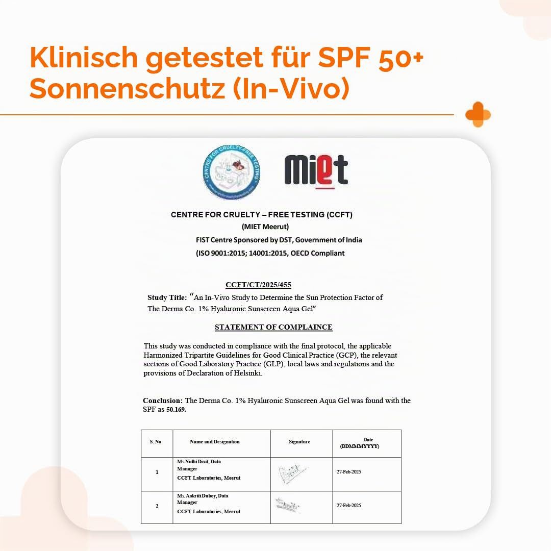 The Derma Co Sonnenschutzcreme 1% Hyaluronic Sunscreen SPF 50 PA++++ – 80 g, Aqua Ultra Light Gel, Schnell Einziehender UV-Schutz für Empfindliche Haut, Ohne weißen Film, leicht mattierend