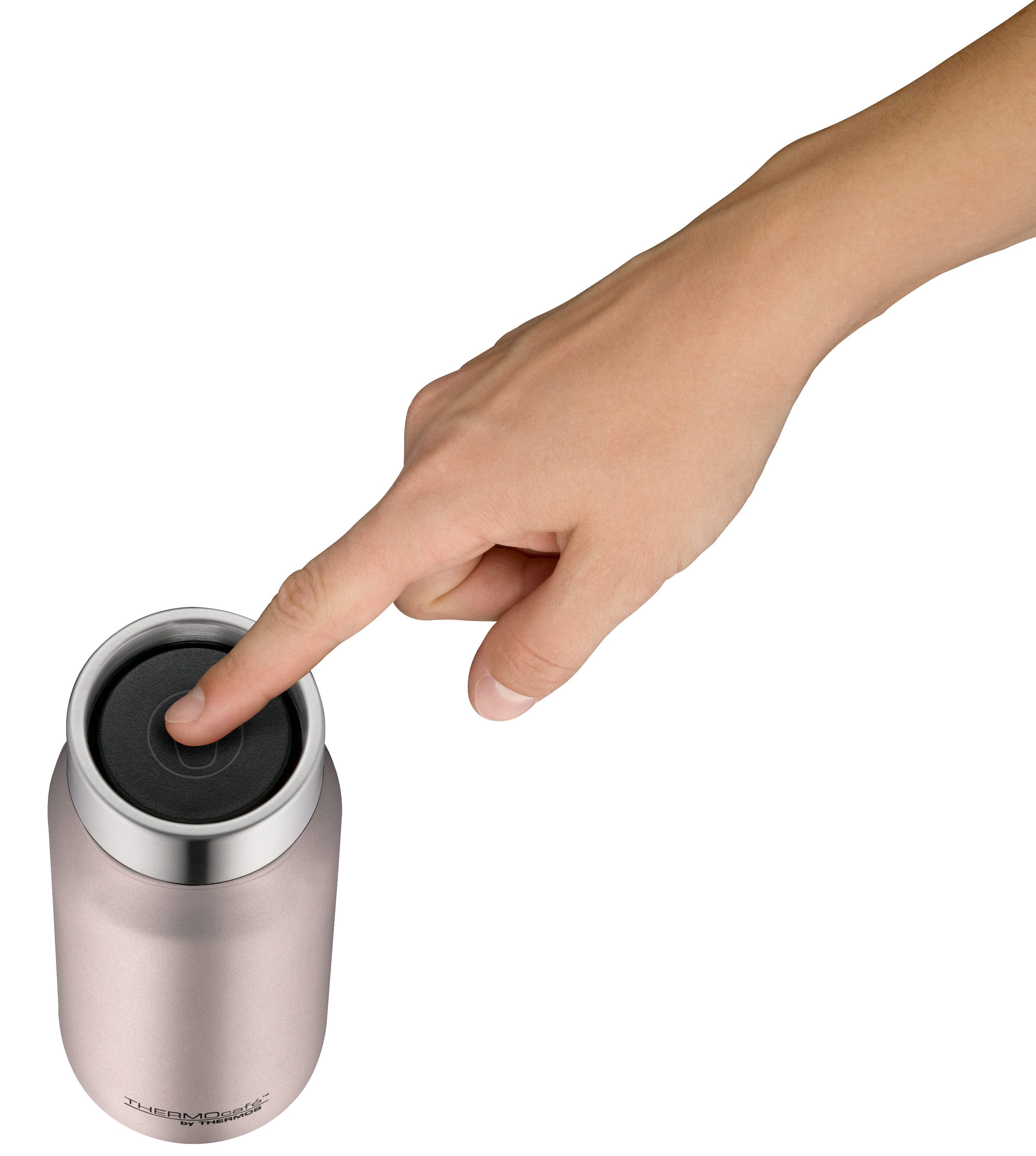 THERMOcafé Thermobecher TC DRINKING MUG, absolut dicht, spülmaschinenfest, 1-tlg., Edelstahl, Kunststoff, Silikon, 0,5l, 9h heiß & 20h kalt, zerlegbares Push Button Lid