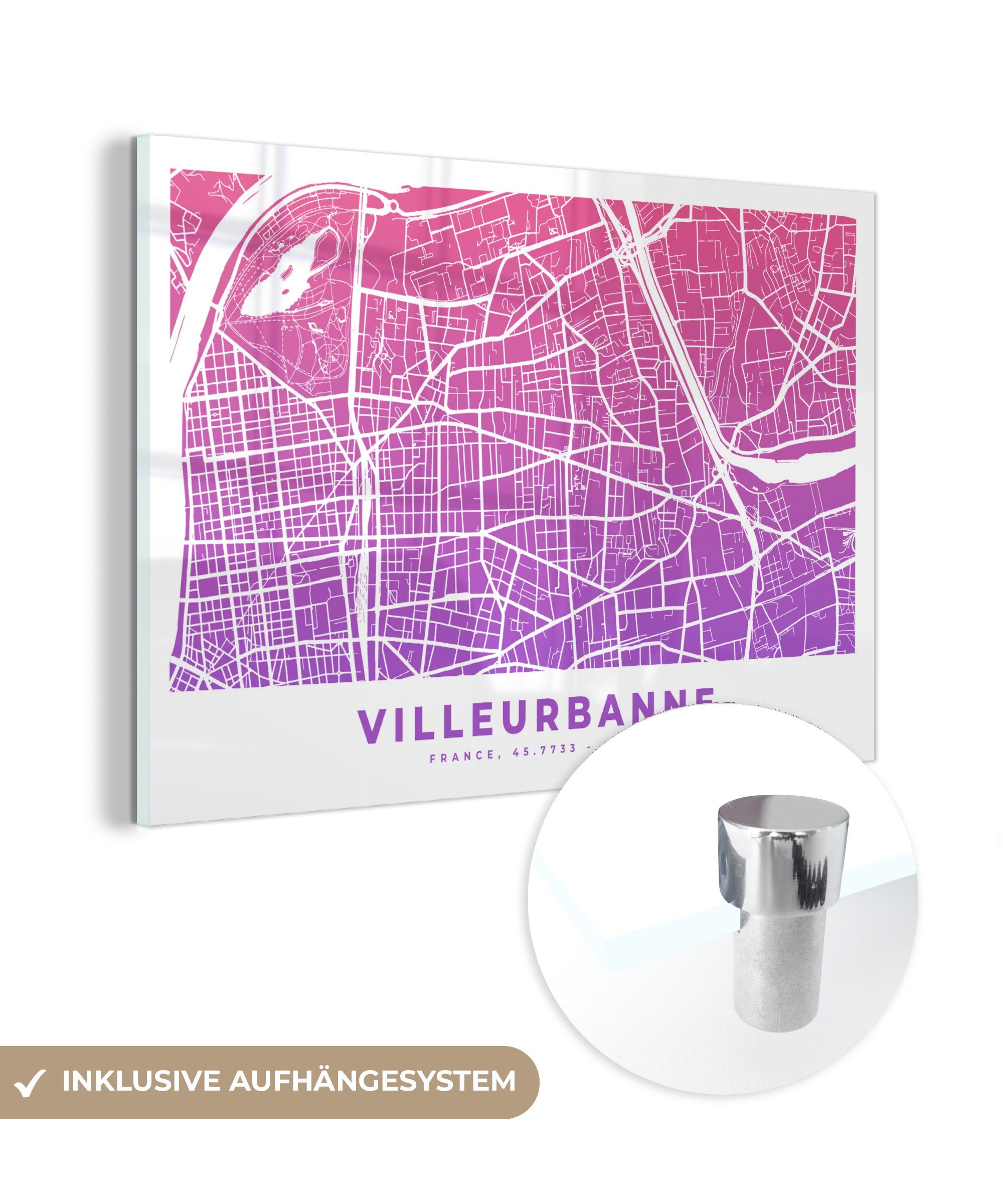 Villeurbanne, Acrylglasbilder St), Acrylglasbild Schlafzimmer (1 & Wohnzimmer Frankreich Stadtplan MuchoWow - -