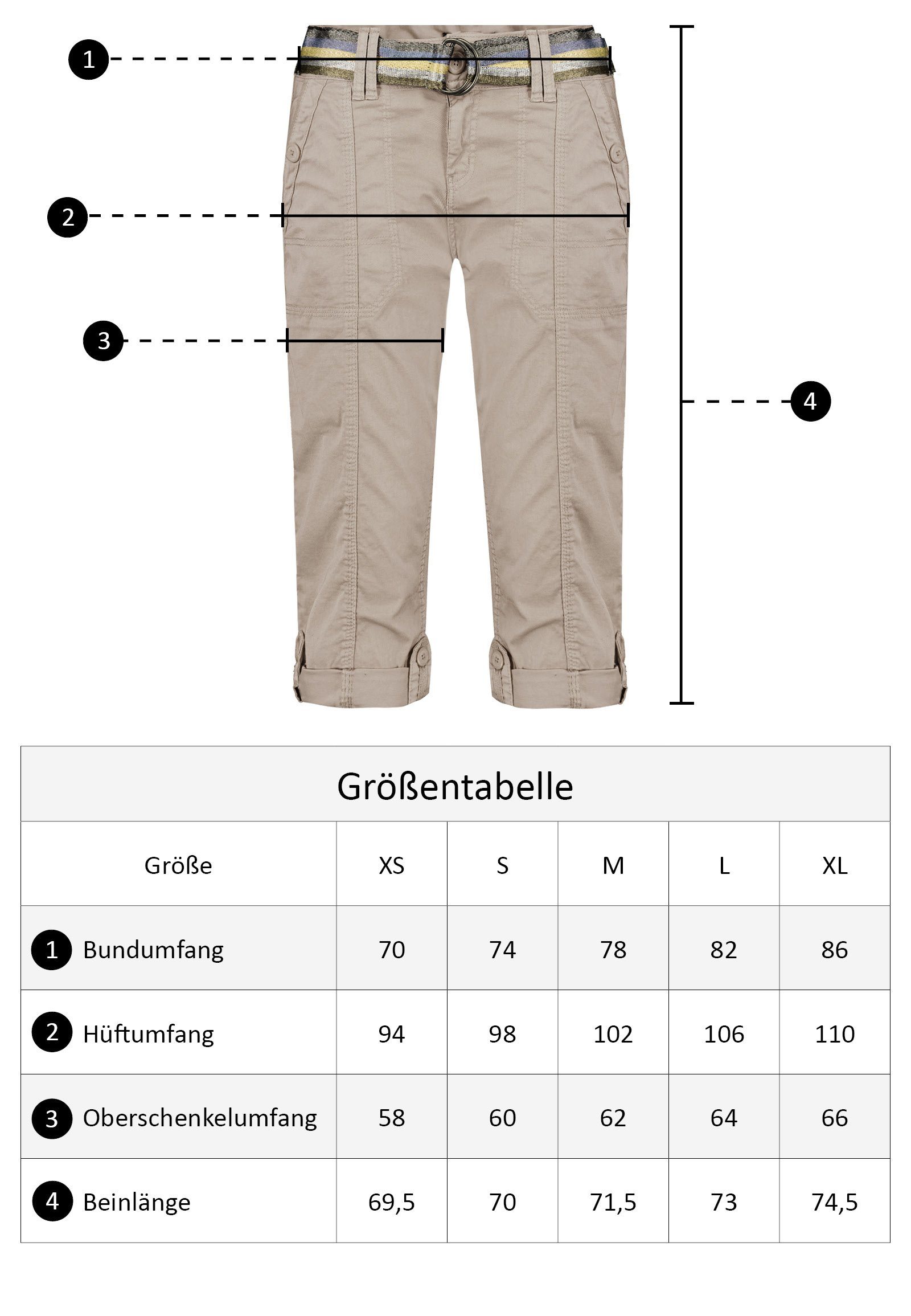 Fresh Made Caprihose Damen Caprihose Sommerhose mit buntem Gürtel Capri kurze Hose Sommerfarben