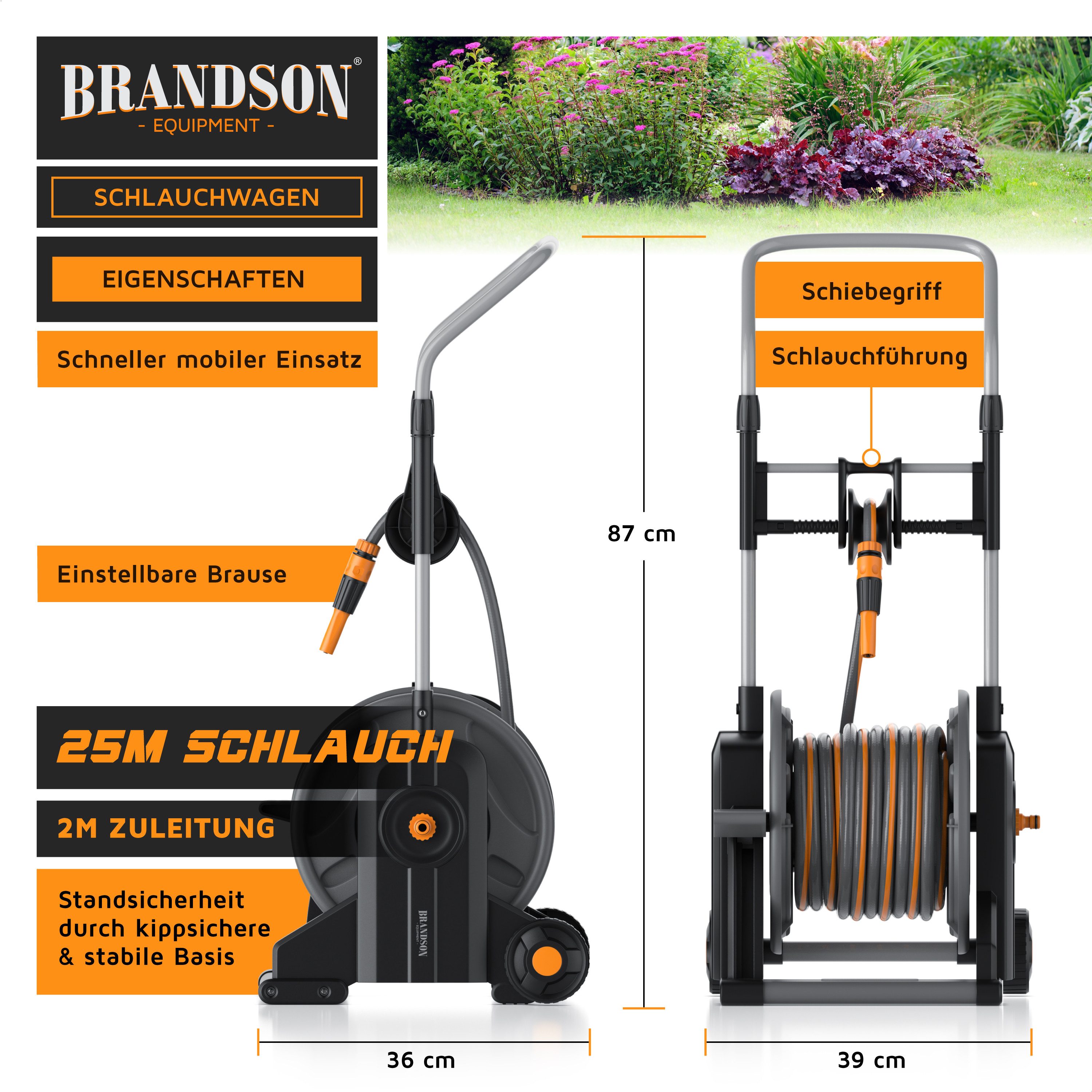 Brandson Schlauchwagen Schlauchtrommel inkl. 25 m Schlauch, automatische Schlauchführung, (Set, mit 25 m Schlauch, 2 m Zuleitung und Düse), Aufrollhilfe mit Fußpedal, Gardena-kompatibel, 2 m Zuleitung