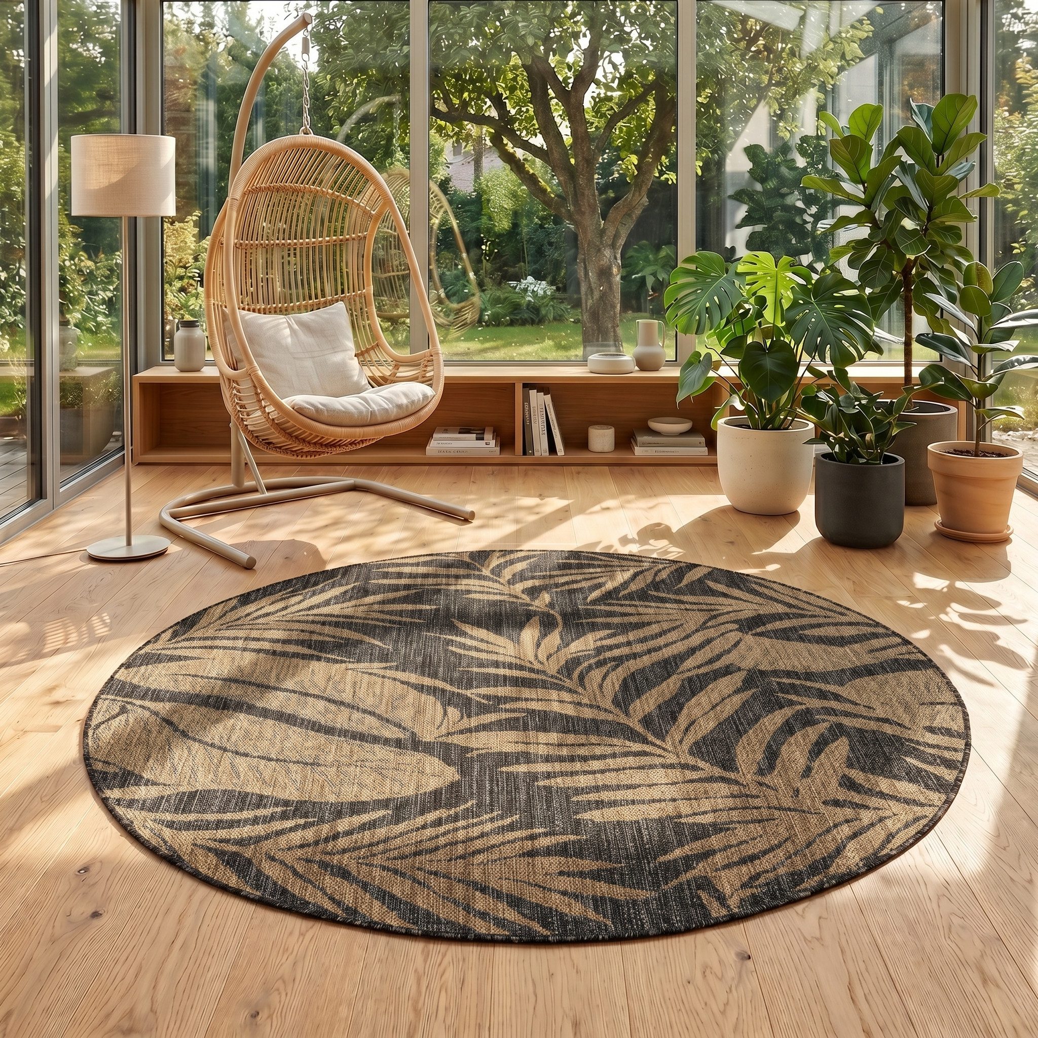 Teppium Teppich Botanisch, Rund, Höhe: 3 mm, Teppich Wetterfest Waschbar Balkon, Garten, Terrasse und Küchenteppich