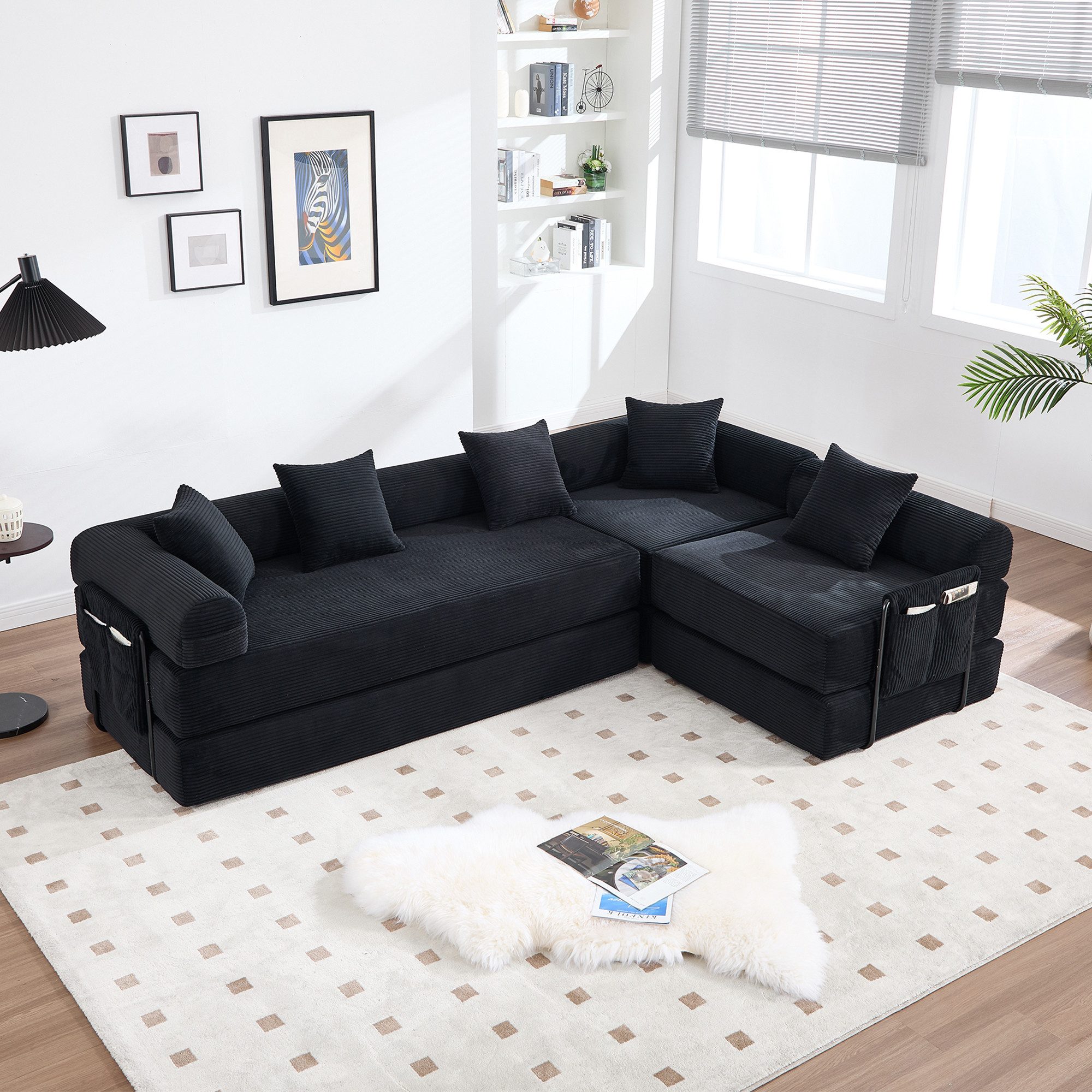 Odikalo Ecksofa 4 Sitzer Modulares Sofa mit Schlaffunktion merhfarbig, Gemütliches Familiensofa mit Stauraum & modularer Funktion – vakuumverpackt für mühelose Montage, frei kombinierbare Module und haustierfreundlich. Perfekt für entspannte Momente