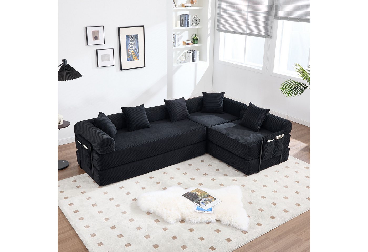 Odikalo Ecksofa 4 Sitzer Modulares Sofa mit Schlaffunktion merhfarbig, Gemütliches Familiensofa mit Stauraum & modularer Funktion – vakuumverpackt für mühelose Montage, frei kombinierbare Module und haustierfreundlich. Perfekt für entspannte Momente