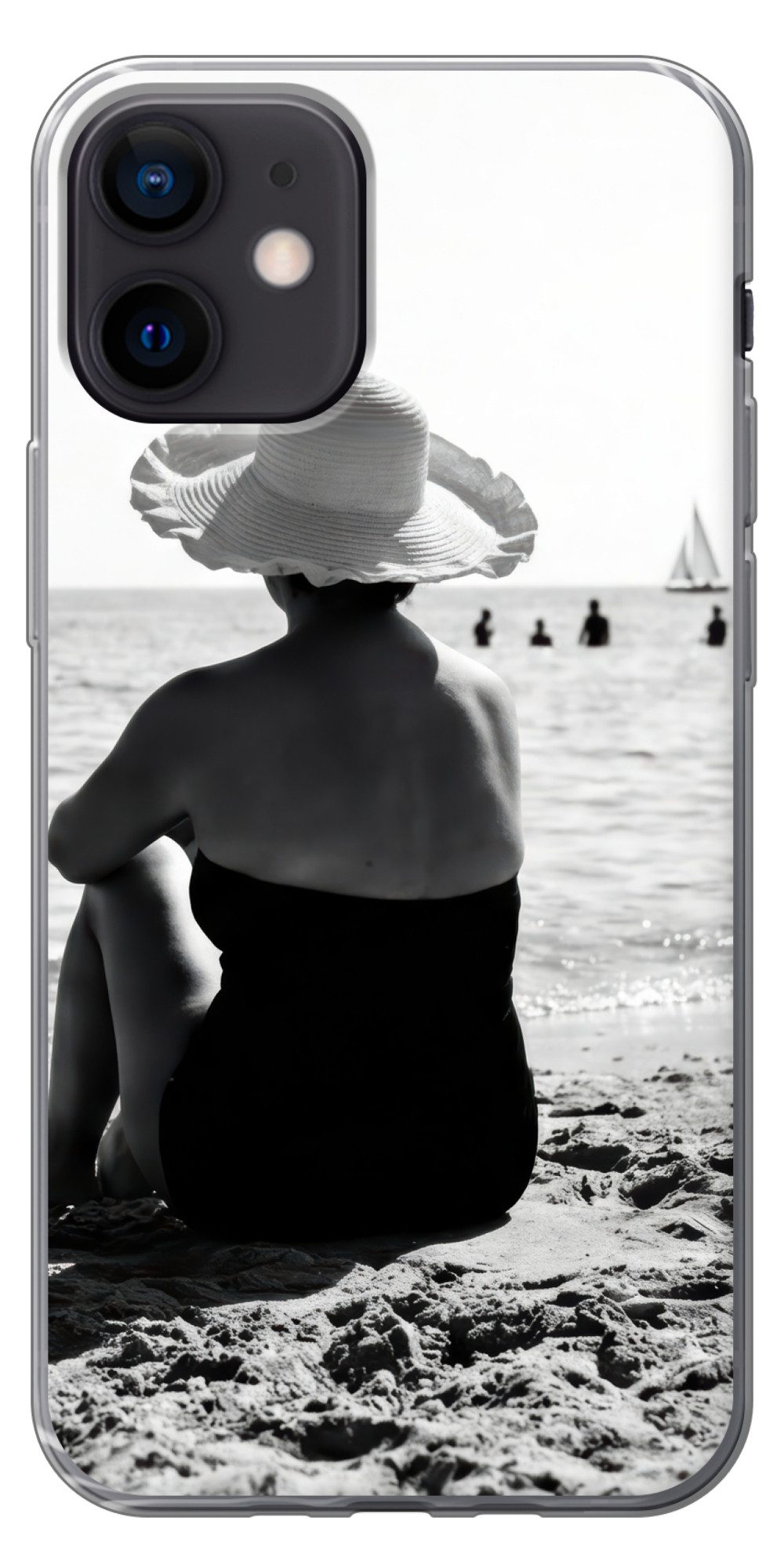 MuchoWow Handyhülle für Apple iPhone 12 Frauen - Sonnenhut - Strand - Schwarz - Weiß, Smartphone-Bumper, Print, Handy Schutzhülle Dünn