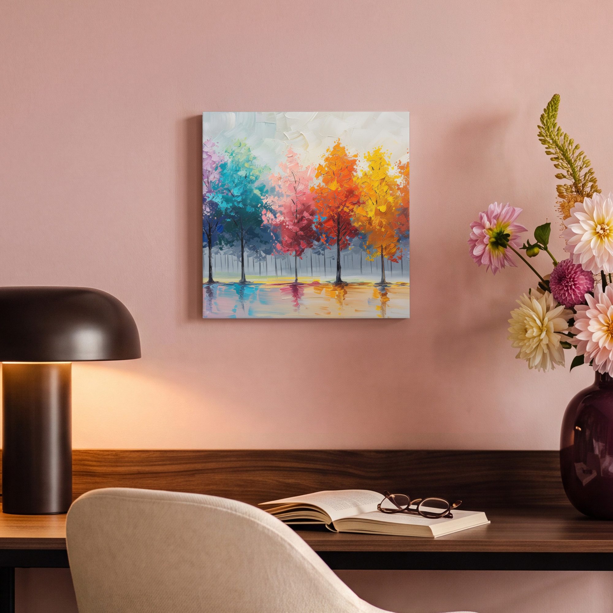 OneMillionCanvasses® Leinwandbild Bäume - Farbenfroh - Natur - Abstrakt, Fotodruck (1 St), Wandbild, Deko Schlafzimmer Wohnzimmer Flur 20x20 cm – Bild 4 von 5