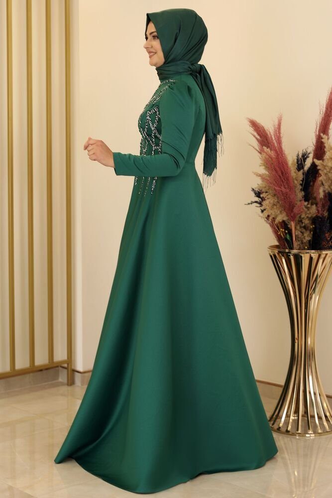 Modavitrini Satinkleid Smaragd-Grün Damen Abaya Abendkleid Schmucksteine mit Schmucksteinen Abiye Maxikleid