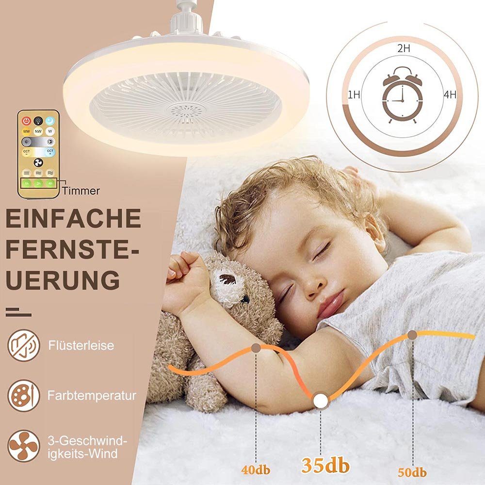 3 dimmbar, Deckenventilator Lagerraum, Kinderzimmer Timer, Fernbedienung für Modi, Garage E27, Rosnek Weiß