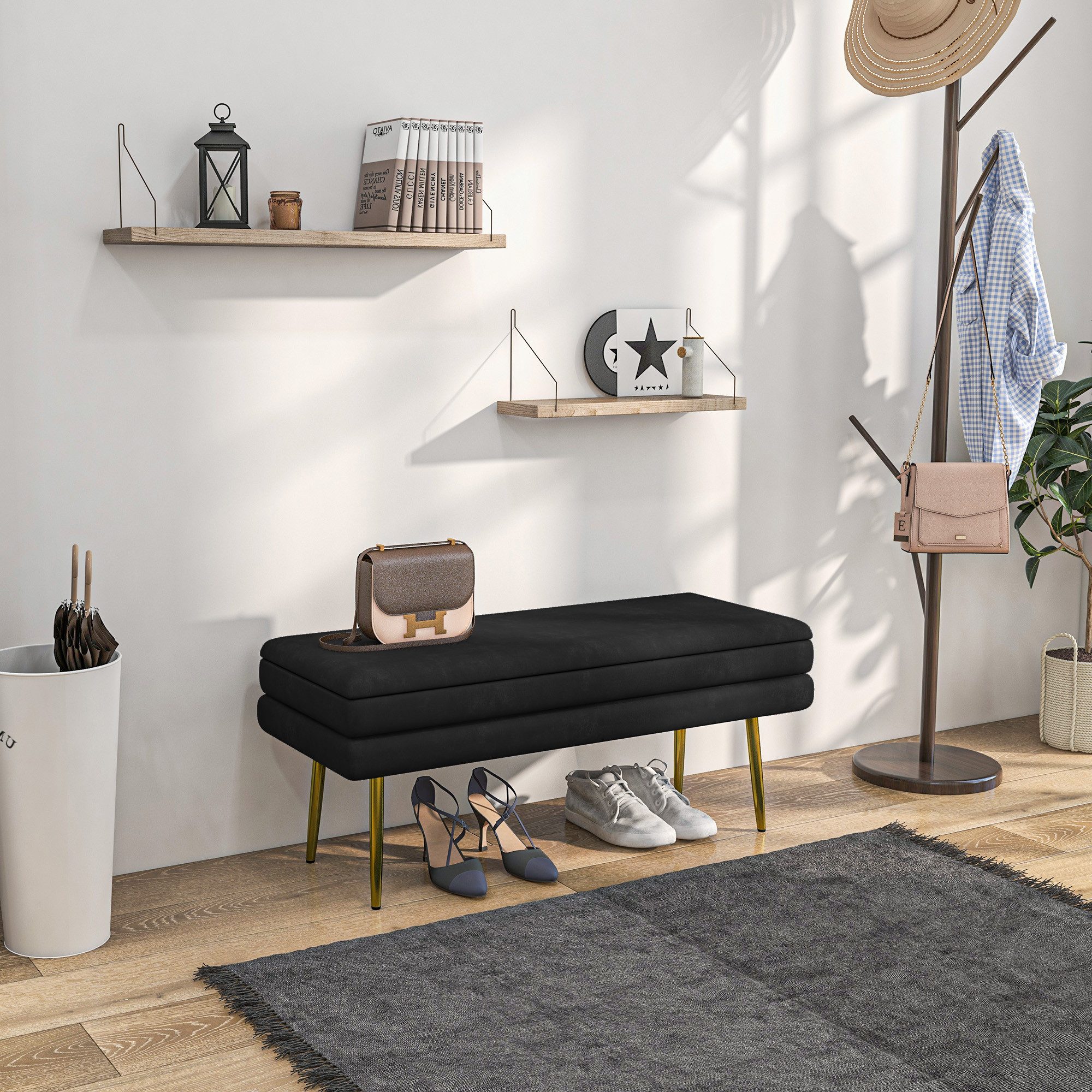 HOMCOM Sitzbank Polsterbank mit Stauraum, Samtoptik, Schuhbank, Aufbewahrungsbank (Bettbank mit Stahlbeine, 1-St., Polsterbank mit Stauraum), für Wohnzimmer, Schlafzimmer, Schwarz, 100 x 37,5 x 42 cm