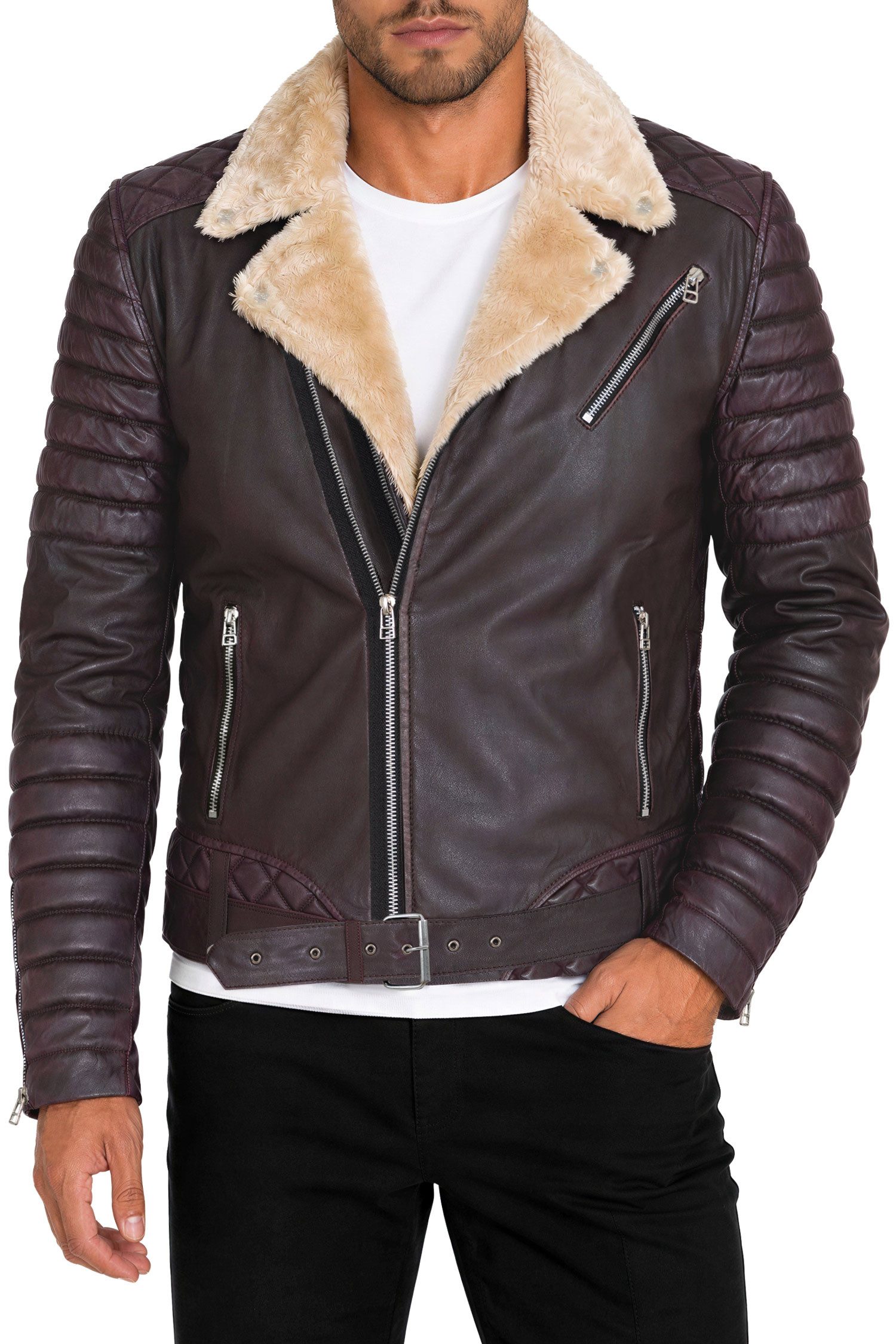 Reichstadt Lederjacke Herren Slim Fit Bikerjacke Black Zipper RS008LUX gefüttert mit Steppmustern – Bild 2 von 5