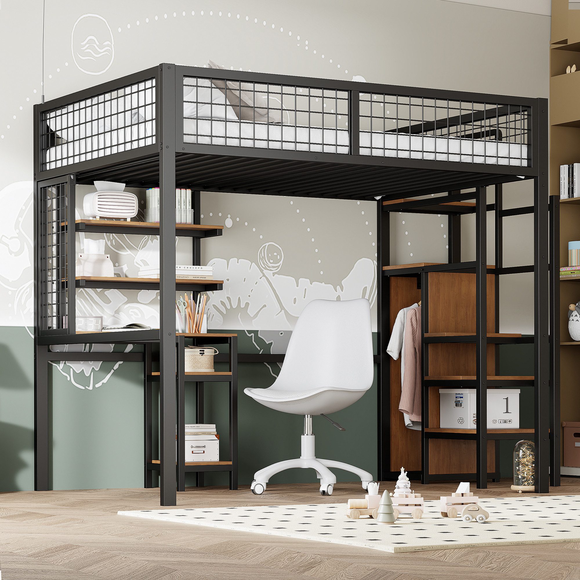 Flieks Hochbett Kinderbett 140x200cm mit Tisch/Regal/Kleiderschrank günstig online kaufen
