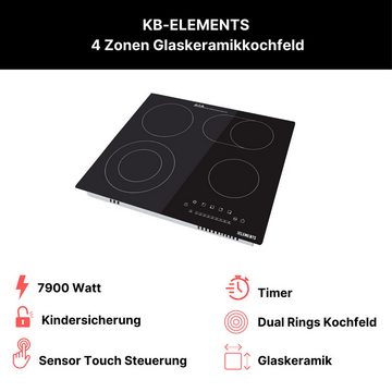 KB Elements Elektro-Kochfeld ELK107PR, 4 Zonen Keramikkochfeld 7900 Watt, Powerboost, Kindersicherung, 60 cm