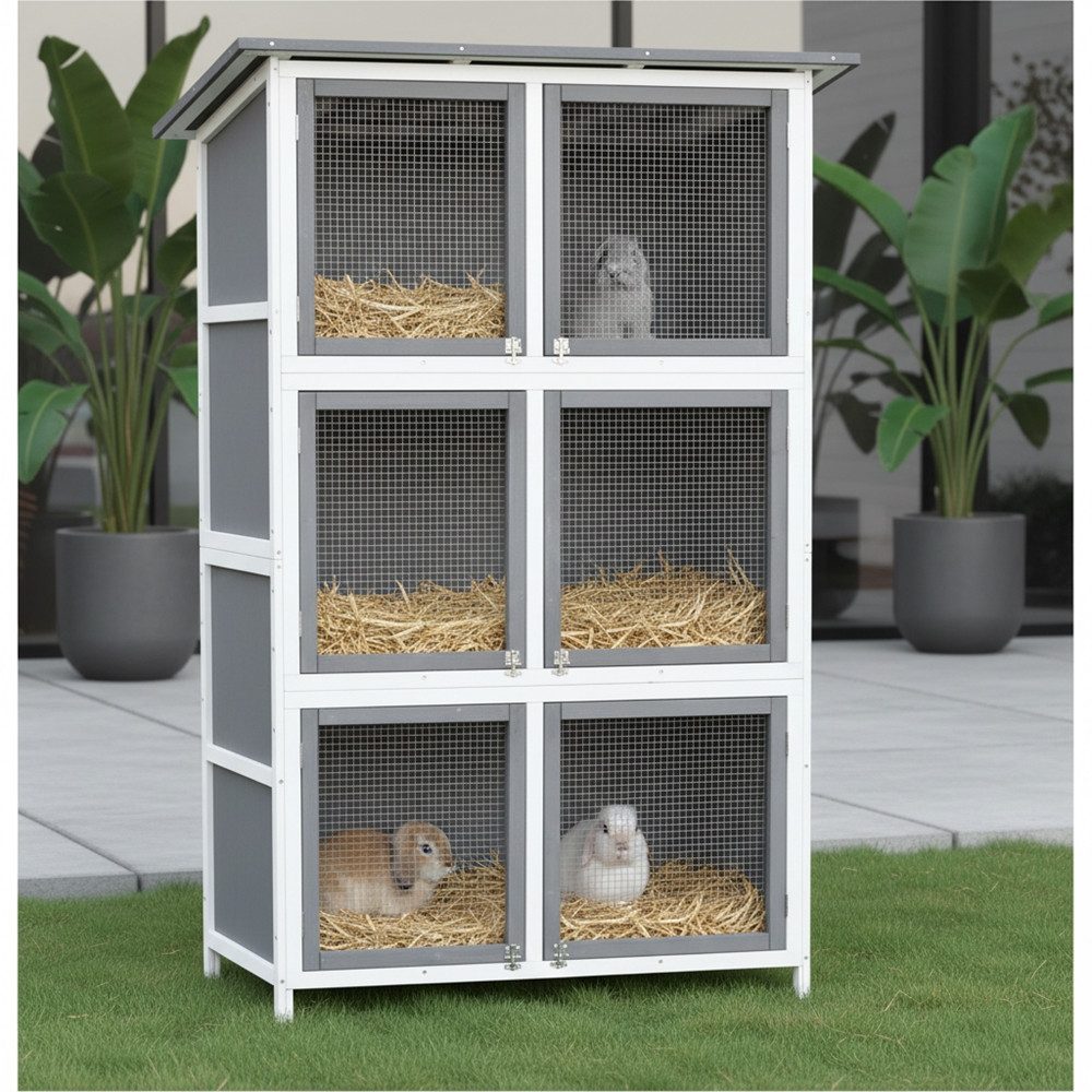 Mucola Kleintierstall Hasenkäfig 6 Boxen Kaninchenstall Holz Aufzuchtstall Kleintierstall, 6 separaten Boxen, Edelstahlscharniere, engmaschige Gitter