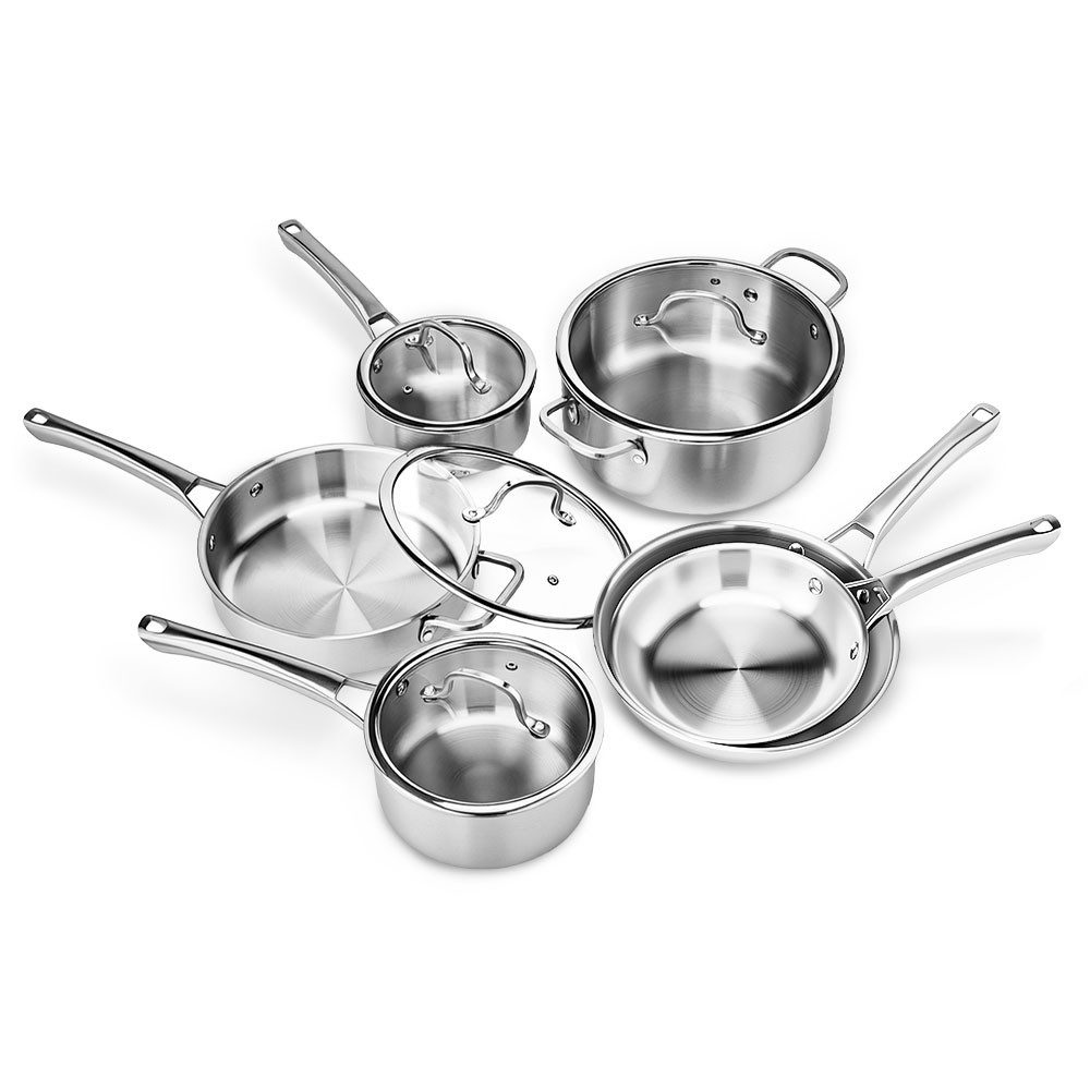 VINGLI Pfannen-Set Pfannenset Edelstahl, Bratpfannen, PTFE frei, (10-tlg., 2 Pfannen 4 Töpfe mit 4 Glasdeckeln), für alle Herdarten, Spülmaschinenfest