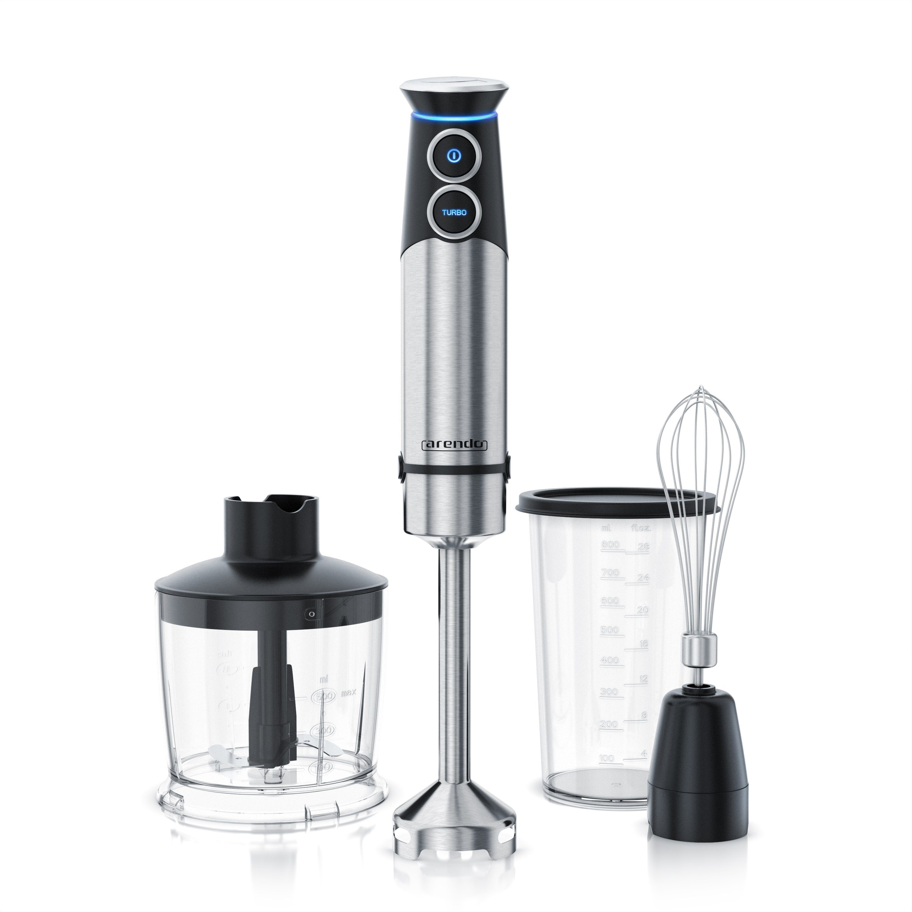 Arendo Stabmixer Edelstahl Pürierstab Set mit Zerkleinerer & Messbecher, Handmixer, 1500 W, mit Schneebesen, 2 Geschwindigkeitsstufen, 4-Klingen, DC Motor