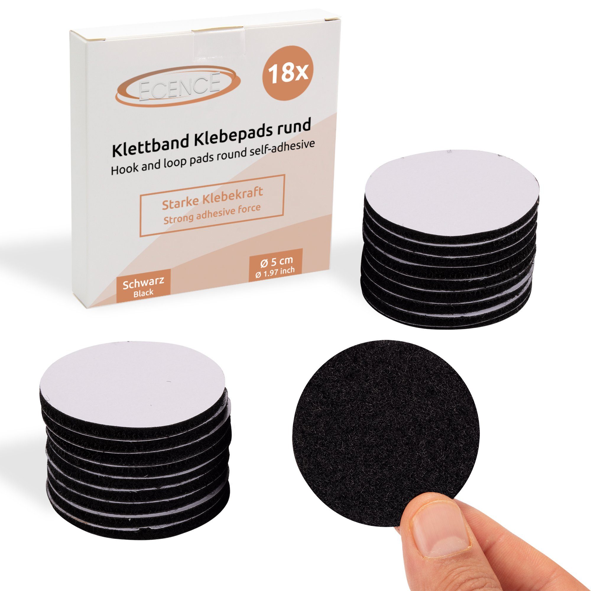 ECENCE Klett-Klebepad 18x Klett Klebepads rund Schwarz selbstklebend