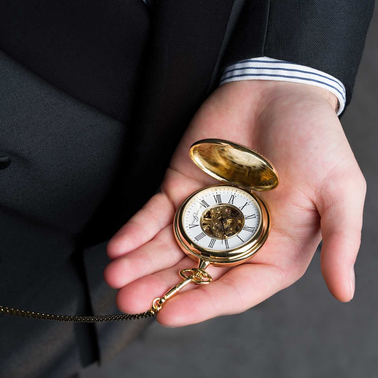 Hermann Jäckle Taschenuhr Bayreuth vergoldet II, Skelett, Handaufzug, mit Kette und Reiseetui, (mit Kette und Reiseetui), – Elegante Herrenuhr im klassischen Design