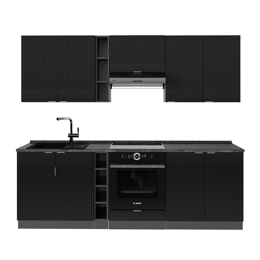 Vicco Küchenzeile Fame-Line, Schwarz gestreift/Anthrazit/Anthrazit, 235 cm ohne Arbei...