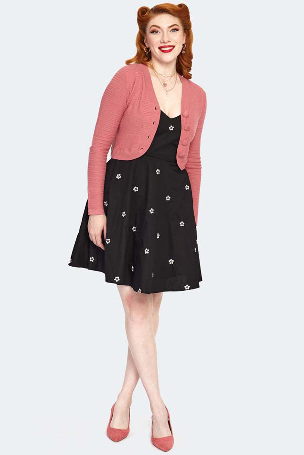 Voodoo Vixen Strickjacke Pink Textured Crop Cardigan Retro Vintage Bauchfrei