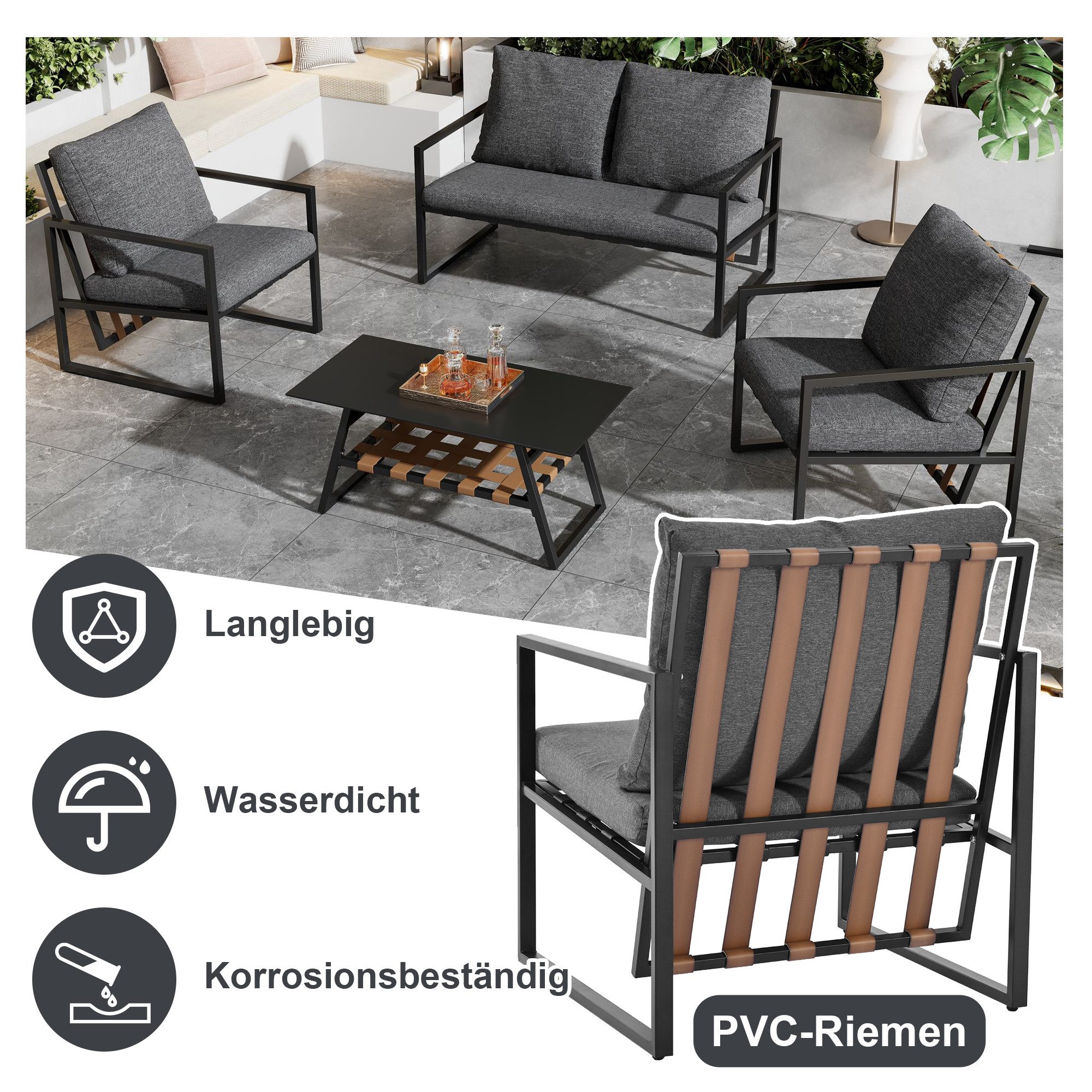 Rutaqian Gartenlounge-Set Gartenmöbel Sitzgarnitur für 4 Personen, mit Sofa,Couchtisch & Kissen, (Garten-Garnitur Set,Gartenlounge,abnehmbarer und Waschbarer Stoffbezug)