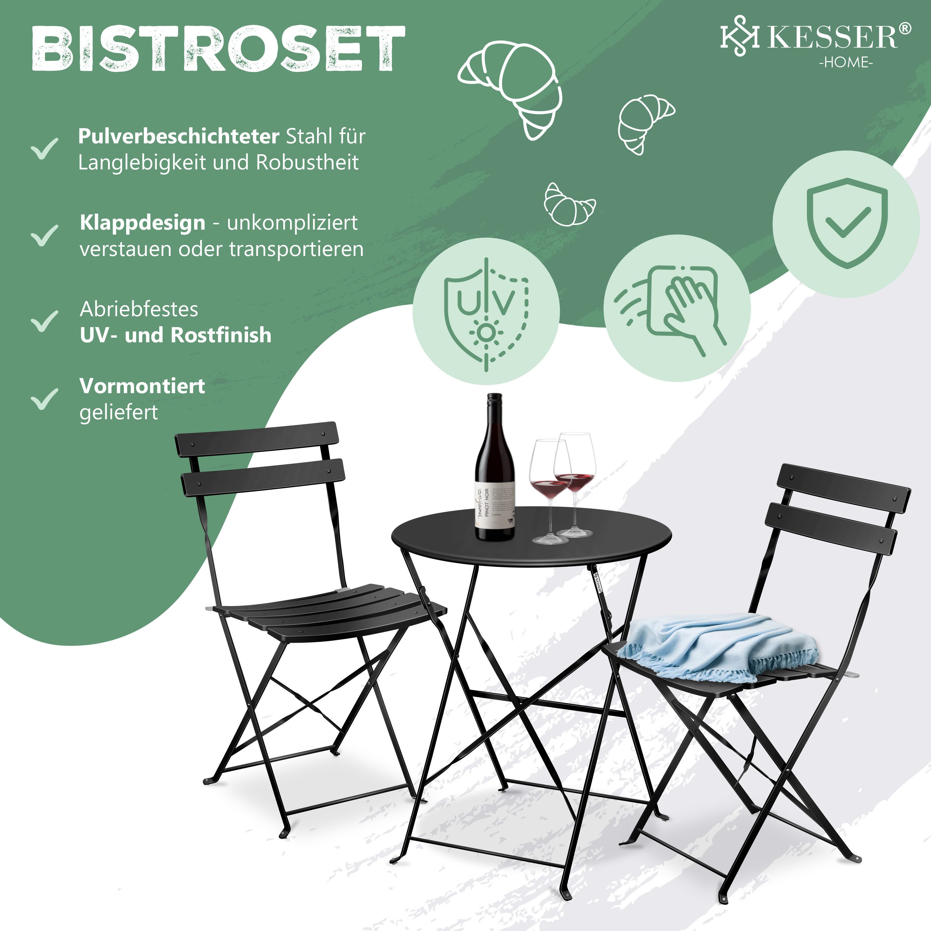 KESSER Bistrotisch, Bistro-Set 3-teilig Bistrotisch mit klappbaren Stühlen