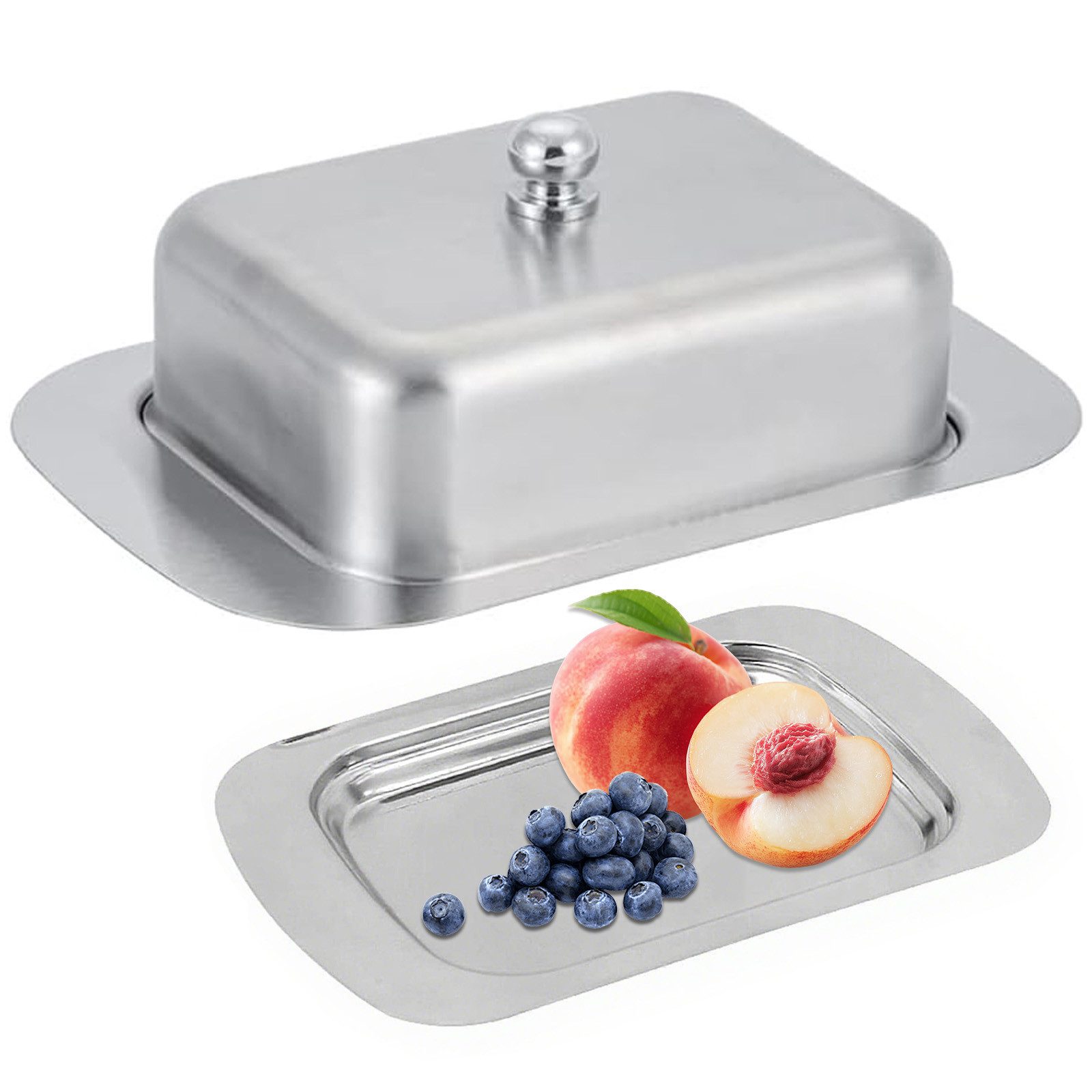 REDOM Butterdose Butterplatte Edelstahl mit Deckel Butterschale, Edelstahl, (19 x 12.4 x 4.3 cm Dessertteller mit Griff, 1-tlg., Lebensmittelbehälter, spülmaschinenfest, 250 g Butter), für Butter Käse Kuchen Desserts Obst usw.