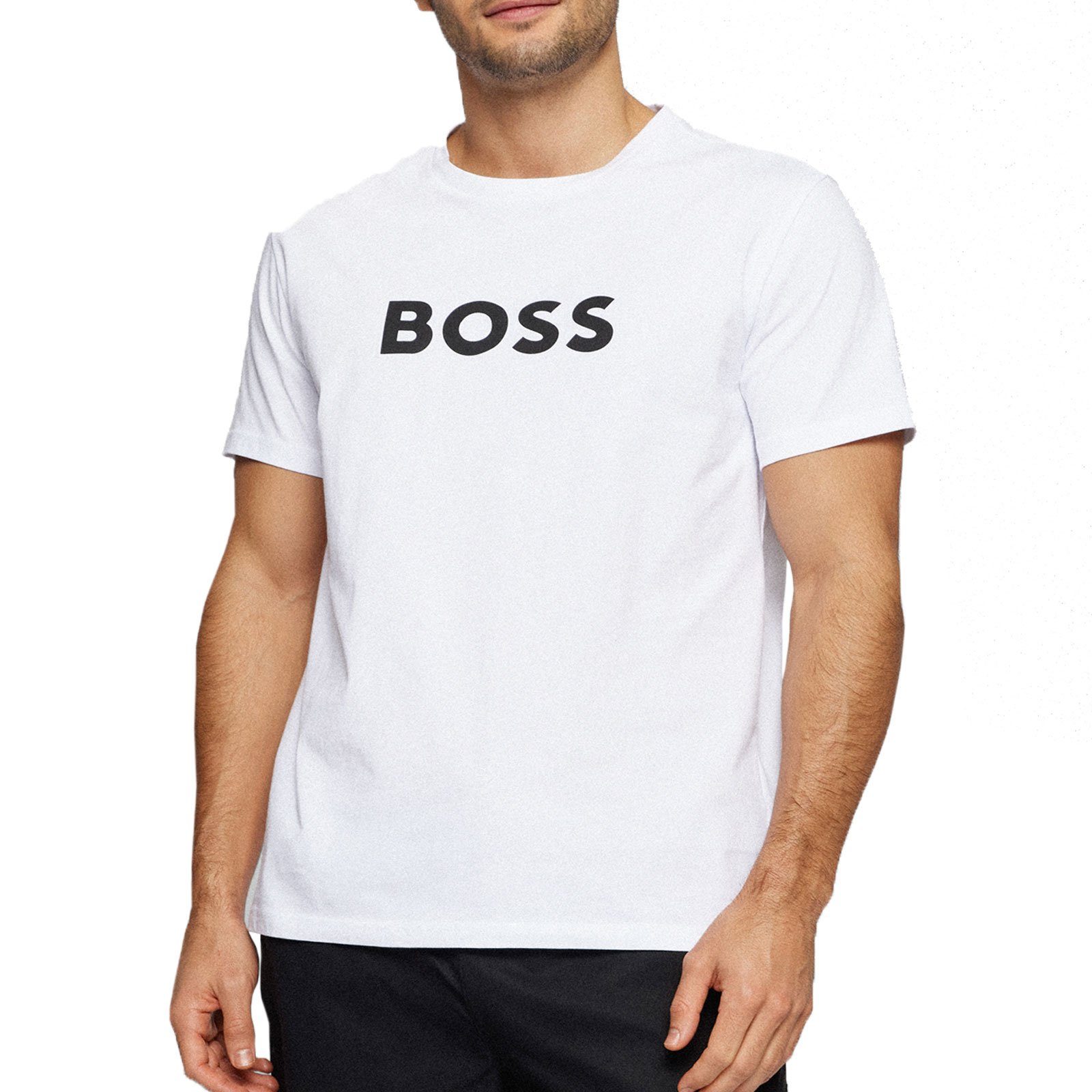 BOSS T-Shirt RN Sun Protection der Brust mit großem natural 107 auf Markenprint