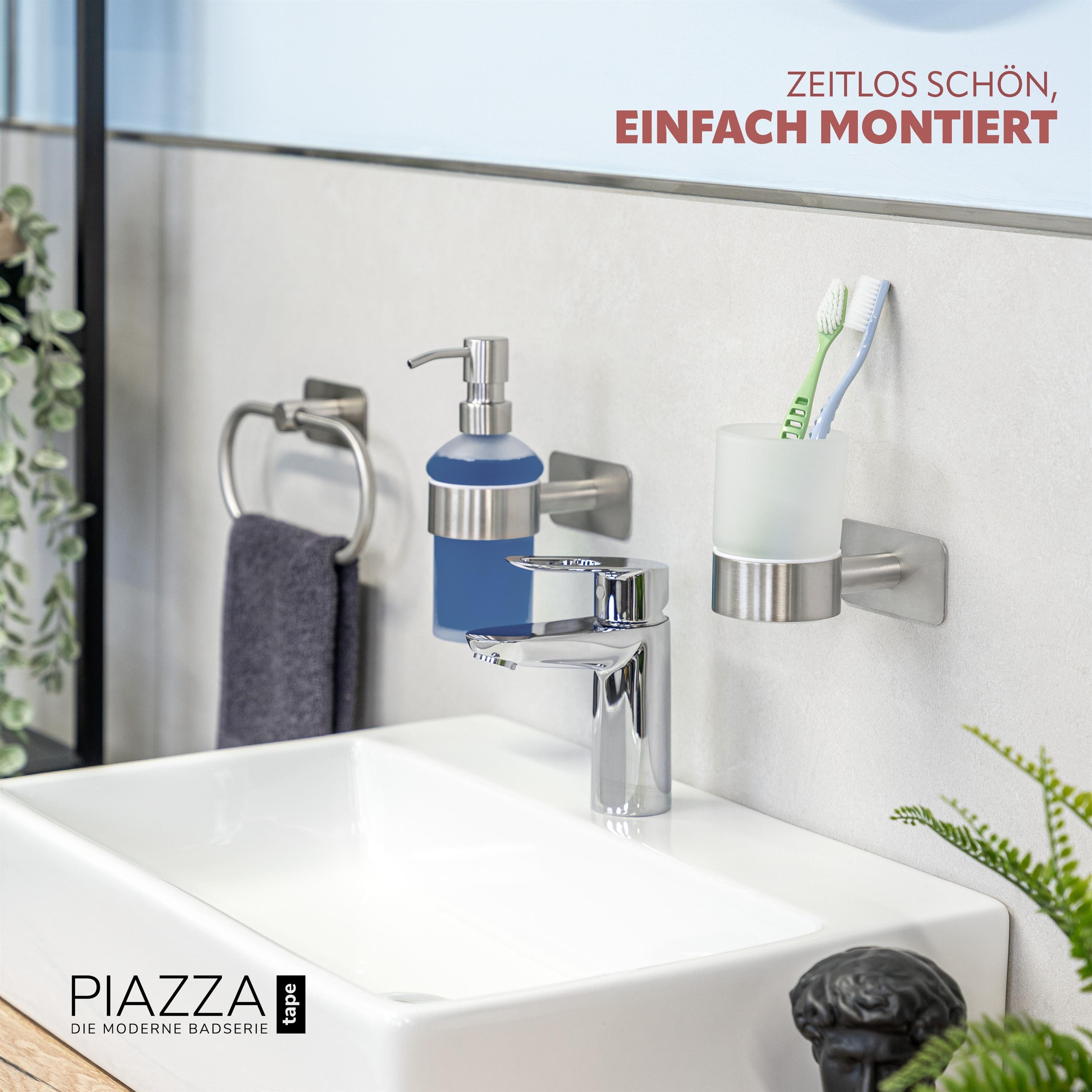 bremermann Zahnputzbecher Bad-Serie PIAZZA TAPE - mit Klebepad, aus Glas und Edelstahl, (1-St)