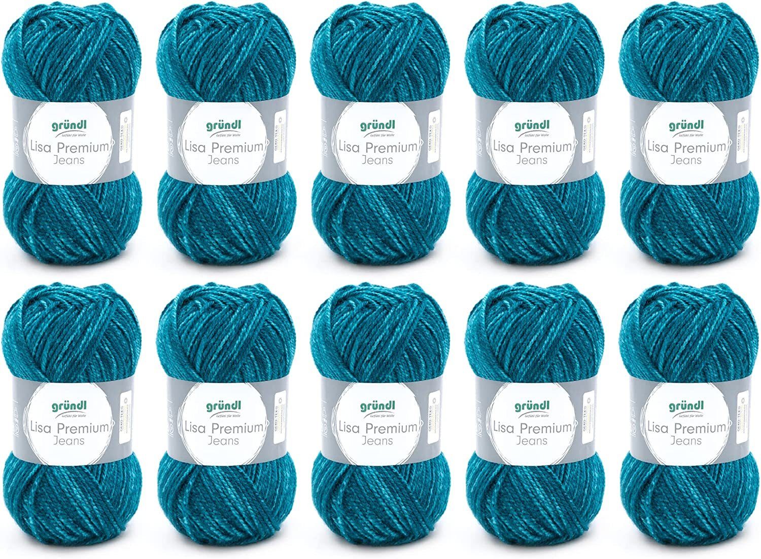 Gründl Lisa Premium Jeans Wolle zum Stricken Häkeln Woll-Paket 10x50g Häkelwolle, (Strickgarn, Strickwolle), Handstrickgarn zum Handarbeiten