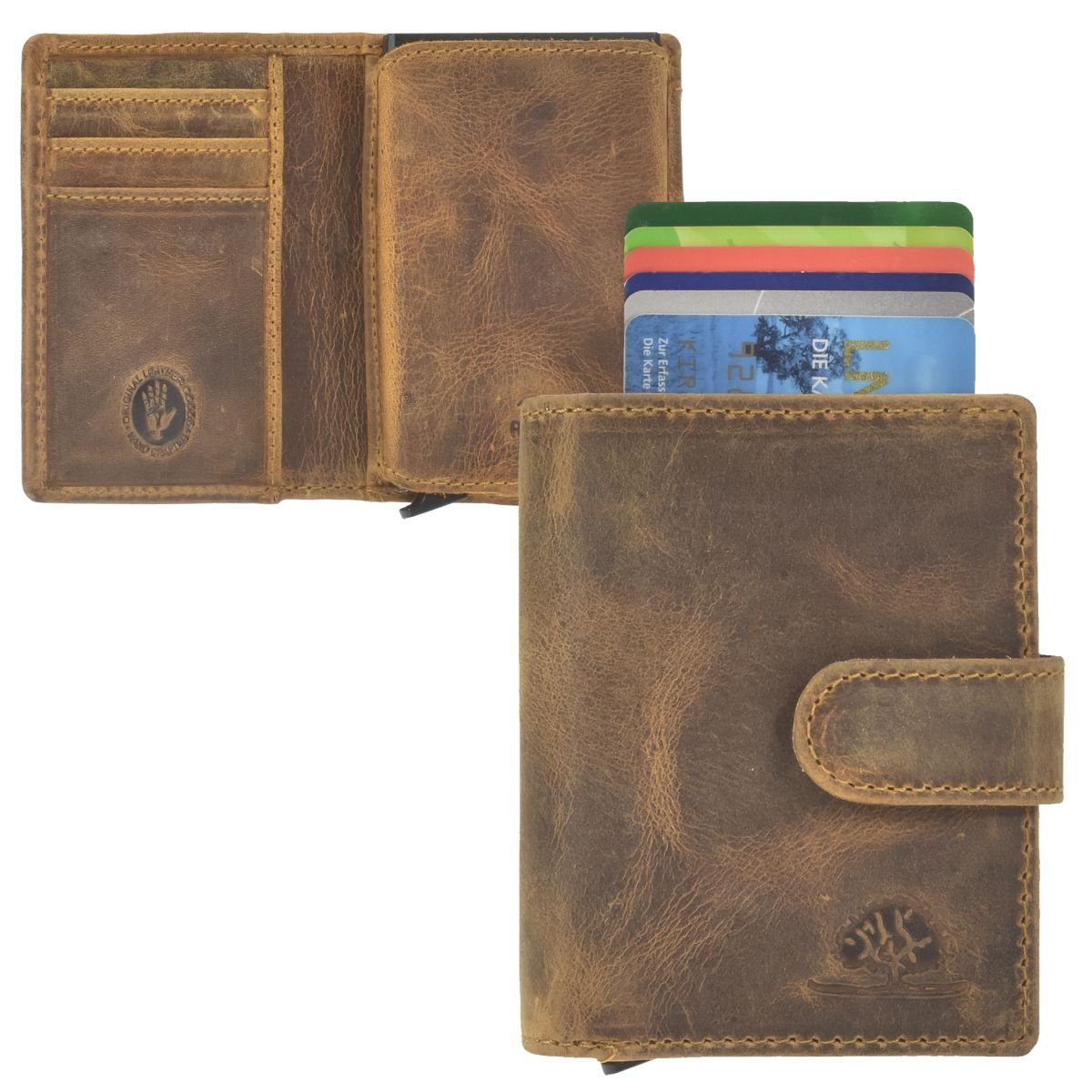 Greenburry Geldbörse Vintage, Kartenbörse mit Münzfach, Card-Slider, Kartenetui mit RFID Schutz sahara tan