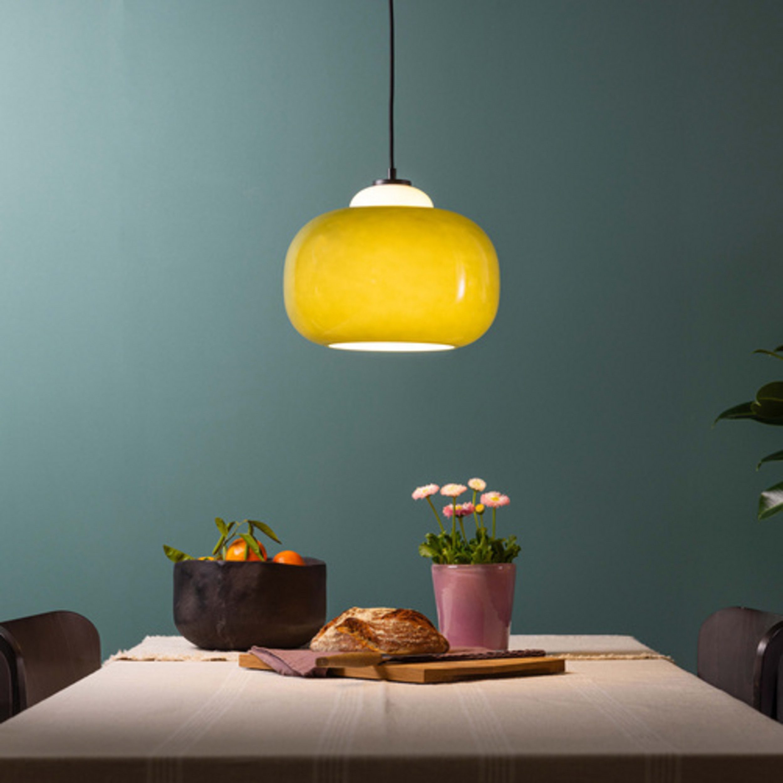 Lightbox Pendelleuchte, ohne Leuchtmittel, dimmbare Hängelampe mit grünem Glas-Schirm und kürzbarem Kabel Metall