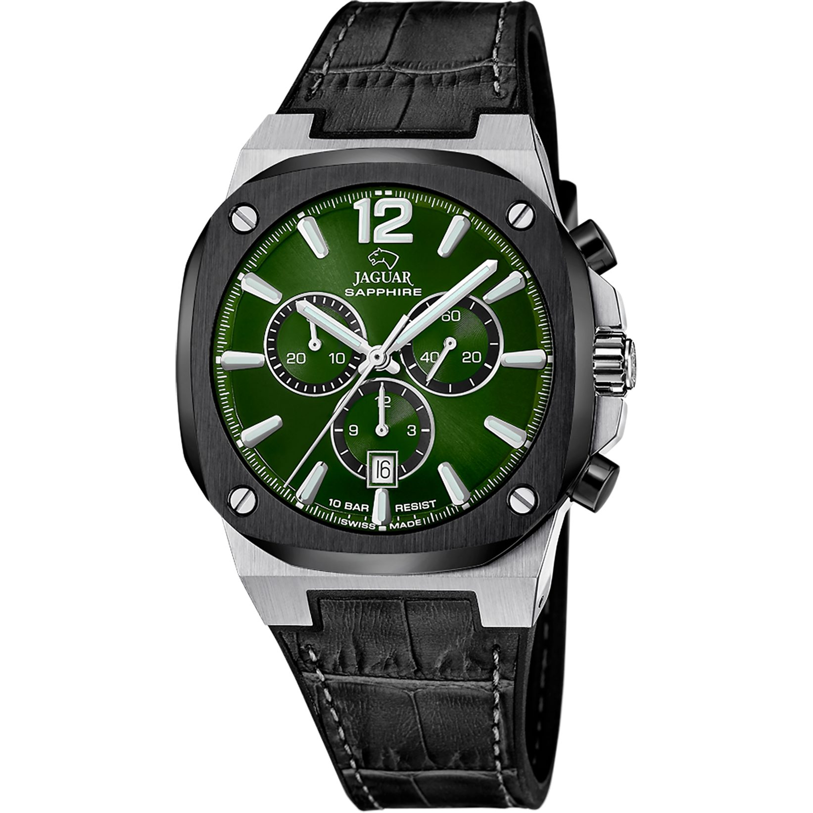 Jaguar Chronograph Rondcarre J1026_5, Quarzuhr, Armbanduhr, Herrenuhr, Swiss Made, Lederarmband, analog, Tag