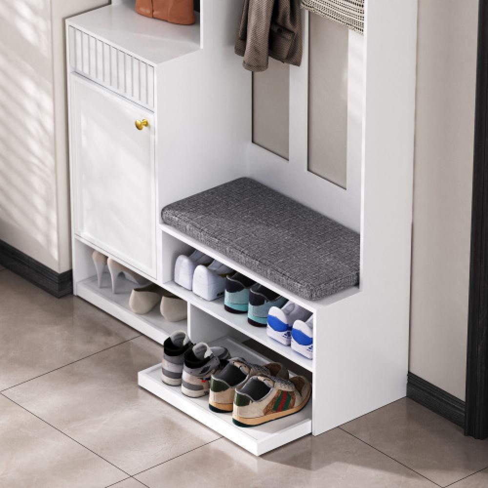 BBWL Garderobenschrank Garderobenset mit Sitzbank und Stauraum – Flurgarderobe mit 4 Haken Türen, Schubladen & Lochwand, MDF, 100x180x35 cm – Bild 4 von 5