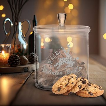 GRAVURZEILE Keksdose mit Gravur oder UV-Druck - Warme Winter Grüße - mit Deckel, Glas, als Geschenk für Freunde & Familie zu Weihnachten