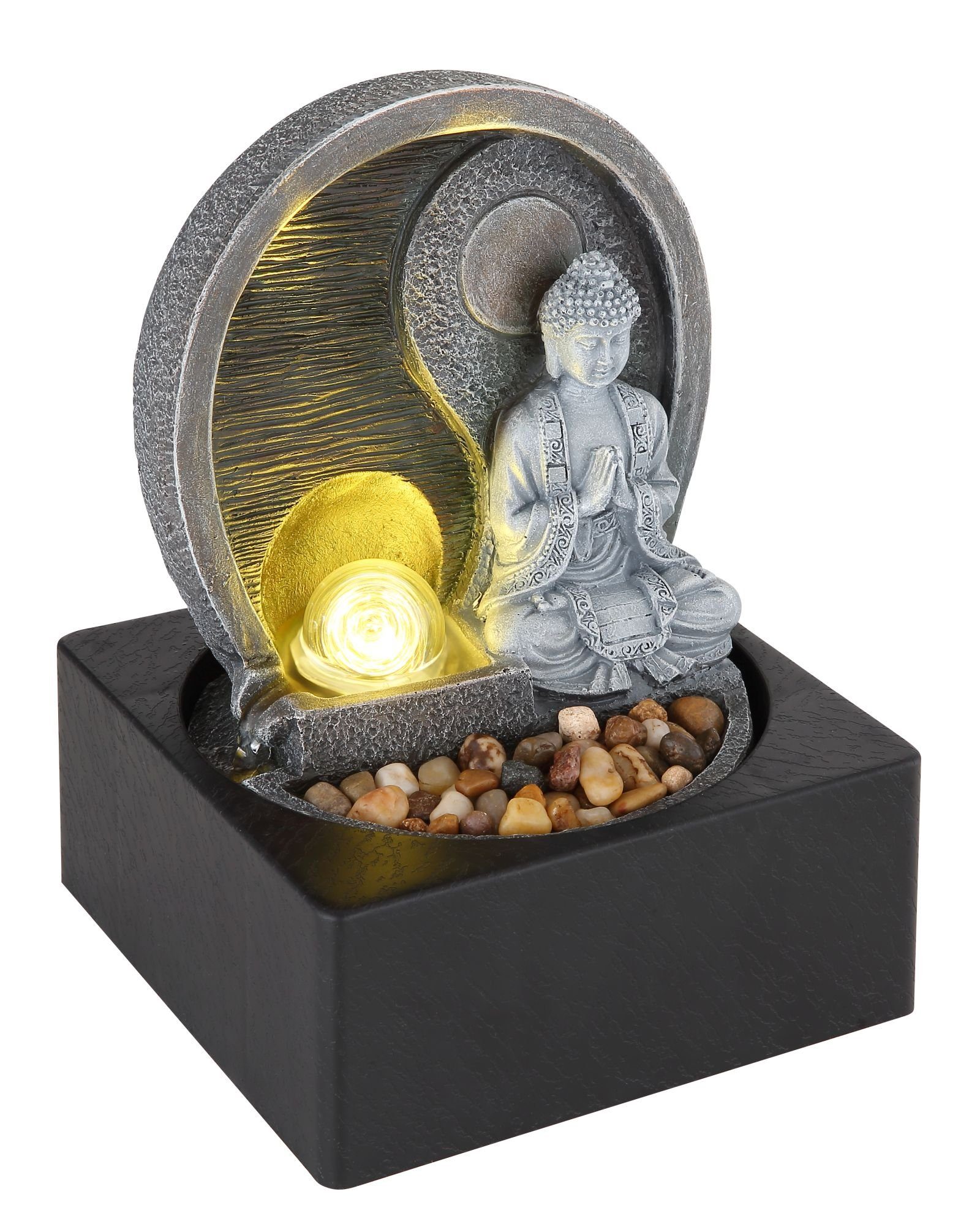 GLOBO LEUCHTEN Globo Tischleuchte Globo LED Tischleuchte Tischbrunnen mit Licht Pumpe Buddha grau