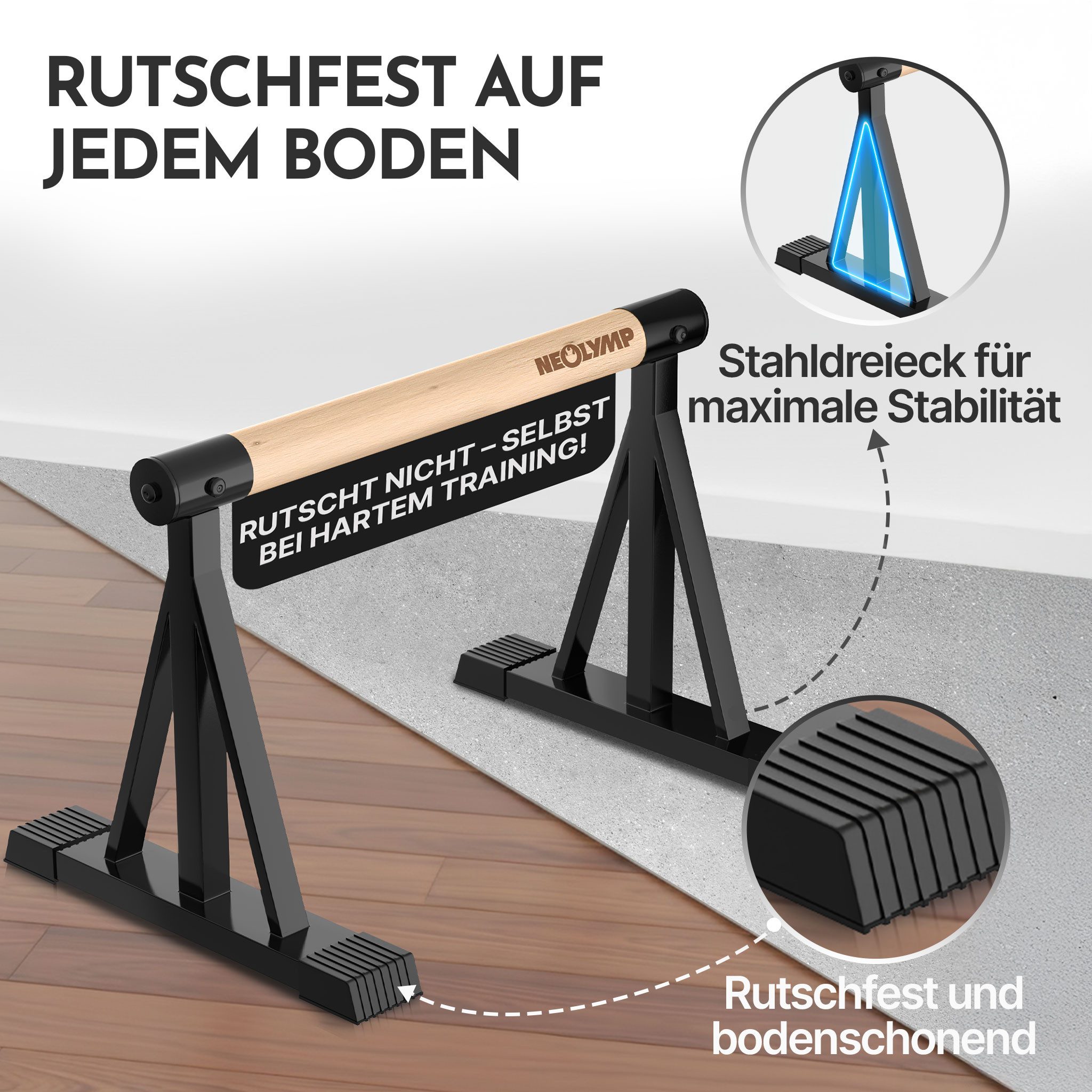NEOLYMP Liegestützgriffe Parallettes Holz - Calisthenics Equipment Liegestützgriffe - Push Up (Set, Push Up Bars belastbar bis 500 kg - inkl. E-Book & Grip Tape – Bild 5 von 5