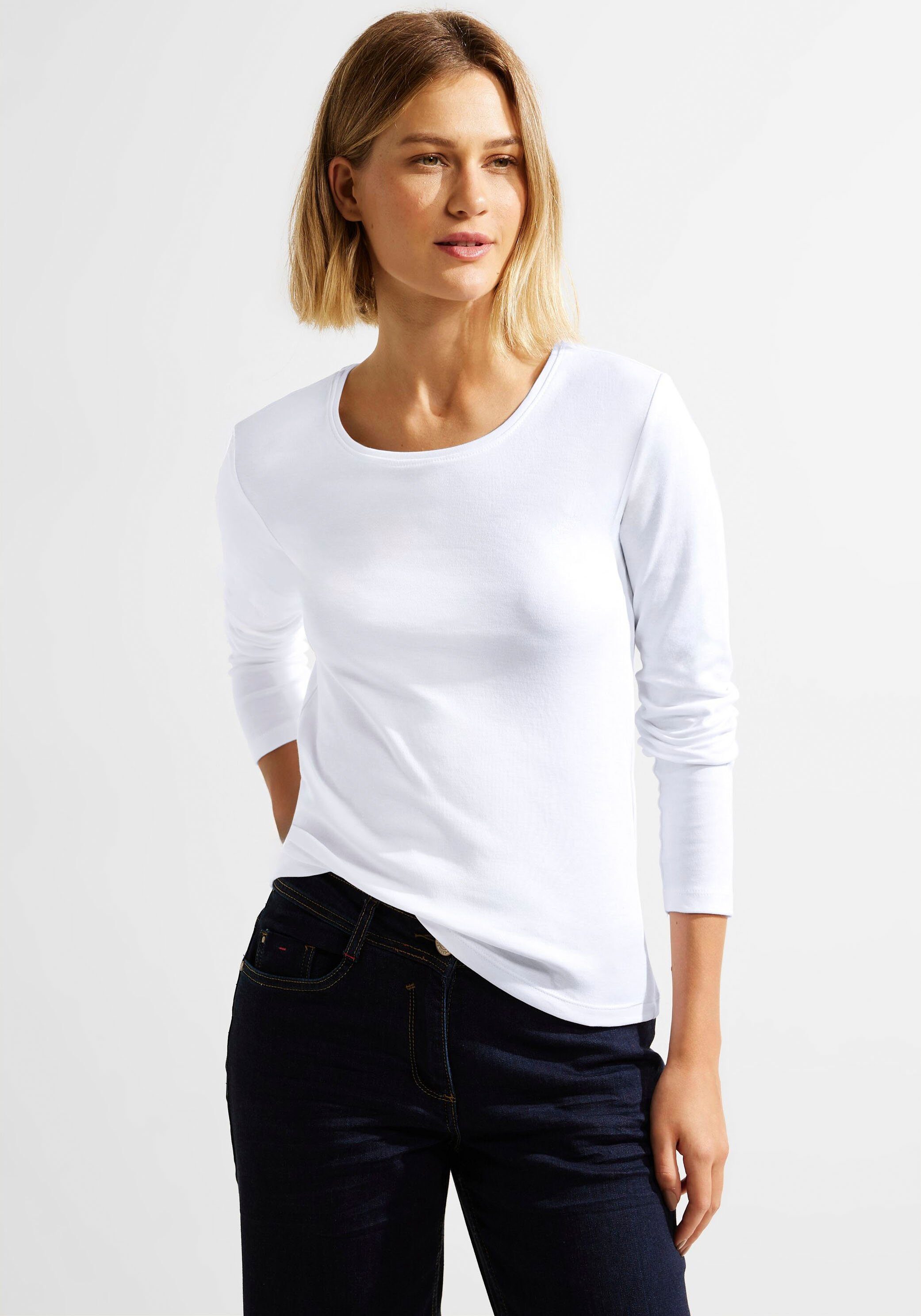 Cecil Langarmshirt Basic Langarmshirt Pia in Unifarbe White