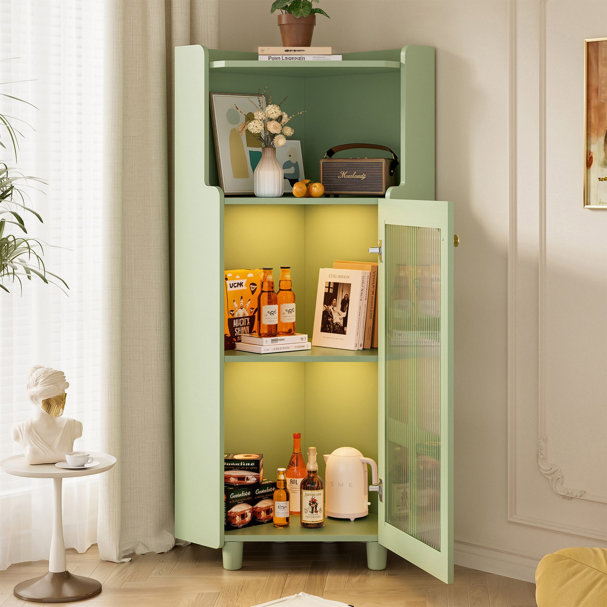Totnz Eckschrank Eck-Schrank mit Lackoberfläche & LED-Beleuchtung, mit App-Steuerung (Moderner Stil) für Wohnzimmer, Badezimmer