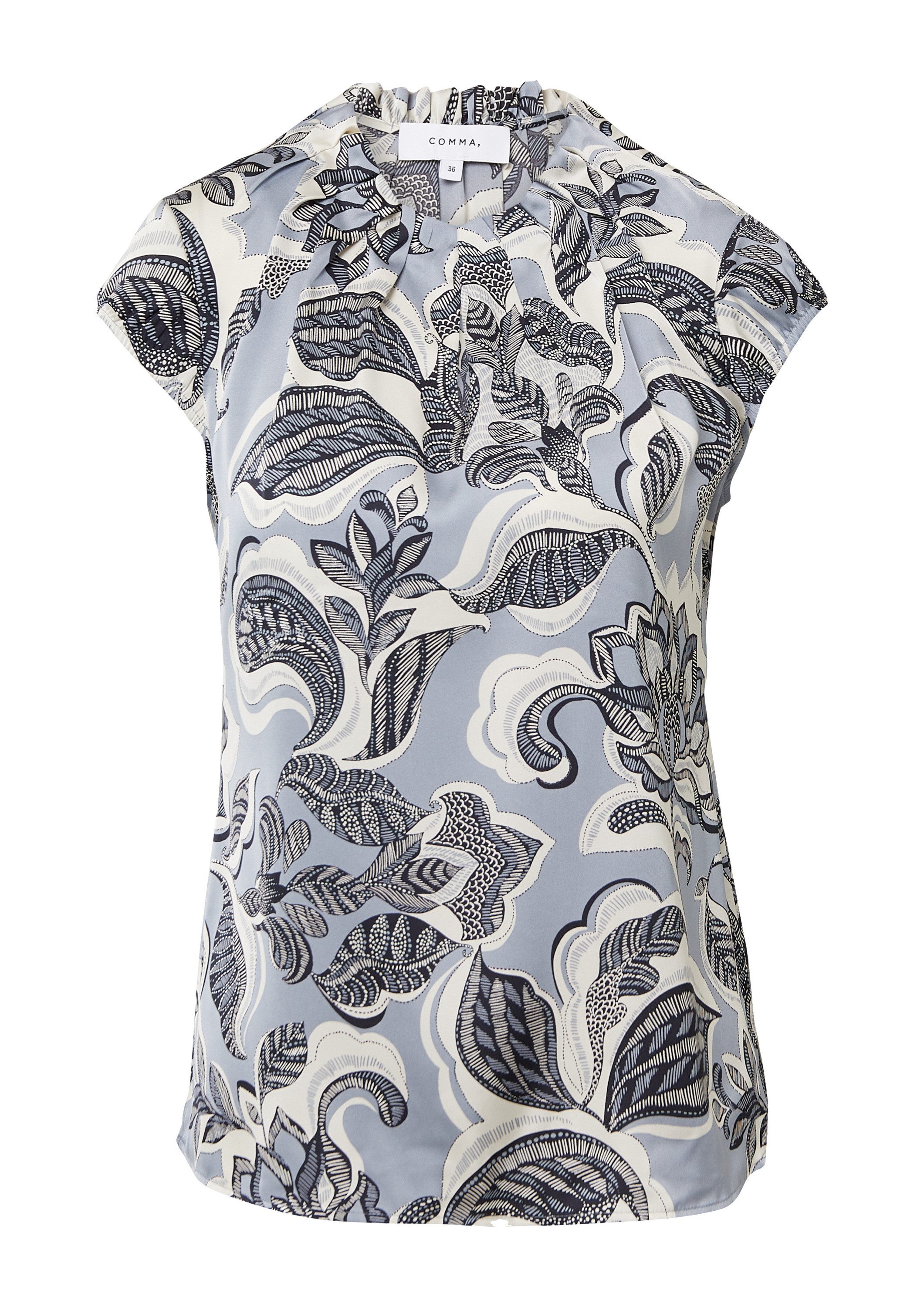 comma Kurzarmbluse Bluse Satinbluse mit Raffung und All-over-Print