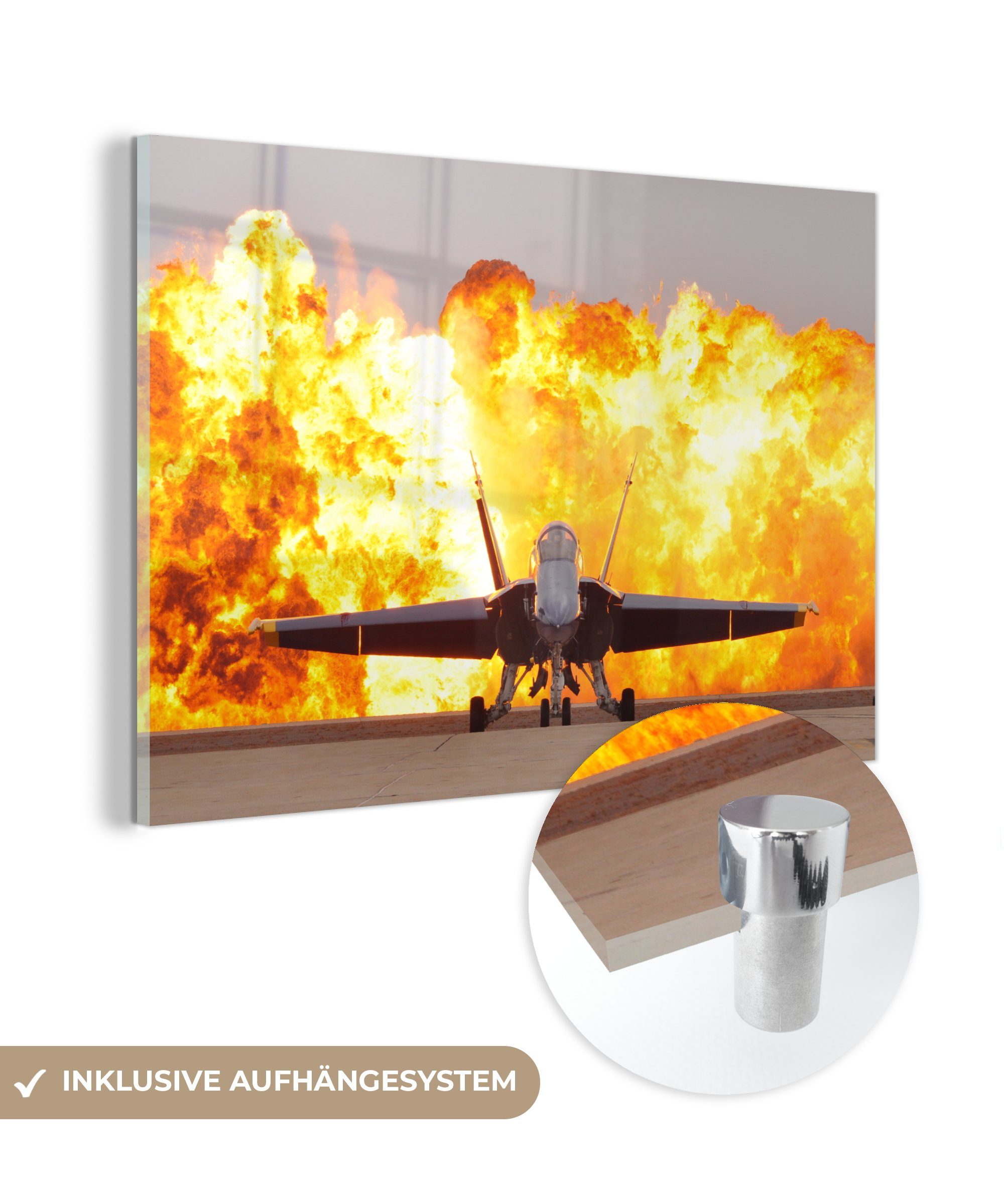 MuchoWow Acrylglasbild Flugzeuge - Düsenjäger - Rauch - Feuer, (1 St), Acrylglasbilder Wohnzimmer & Schlafzimmer