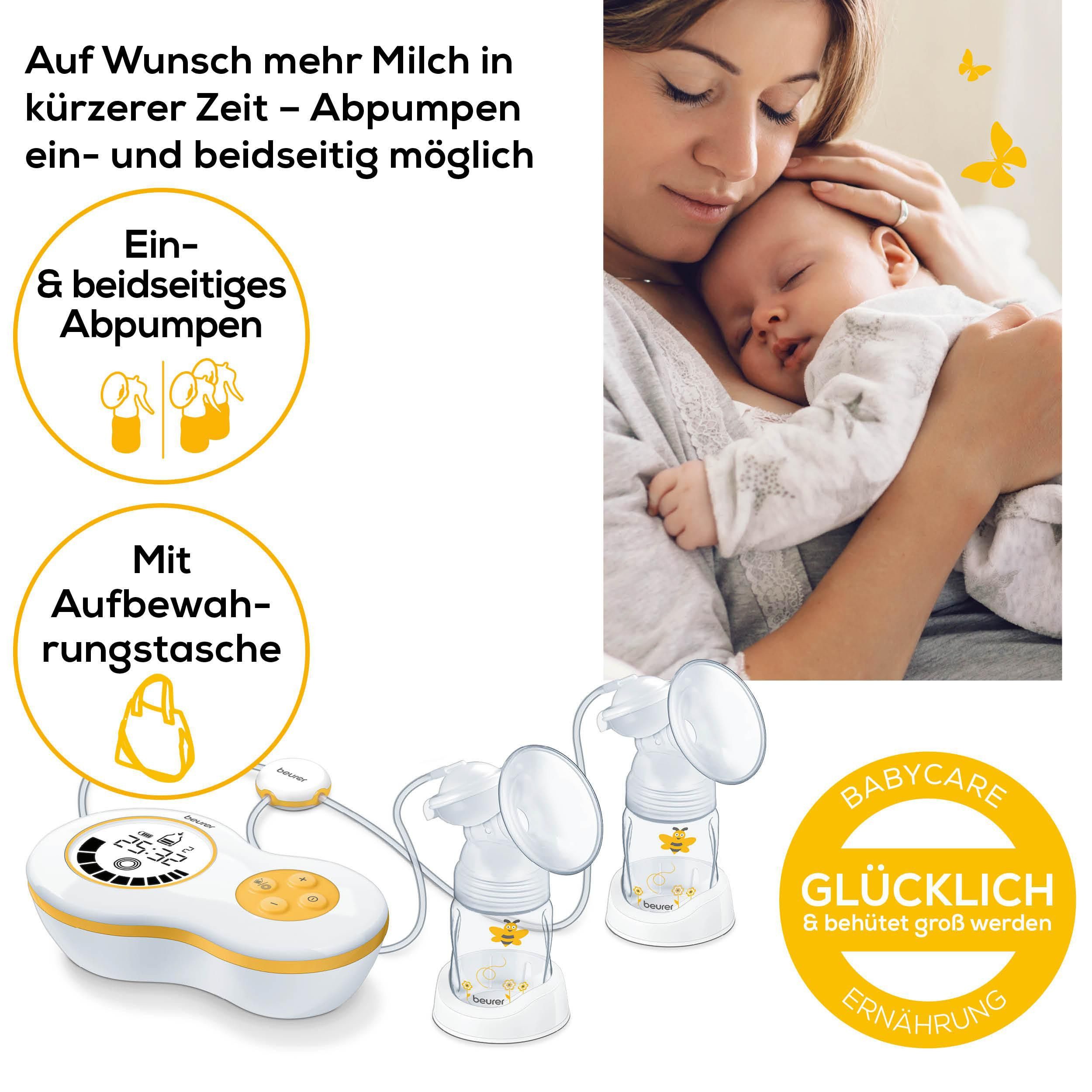 BEURER Elektrische Doppelmilchpumpe BY 70 inkl. Handpumpe, Für beid- und einseitiges Abpumpen geeignet, 10 Stimulationsstufen