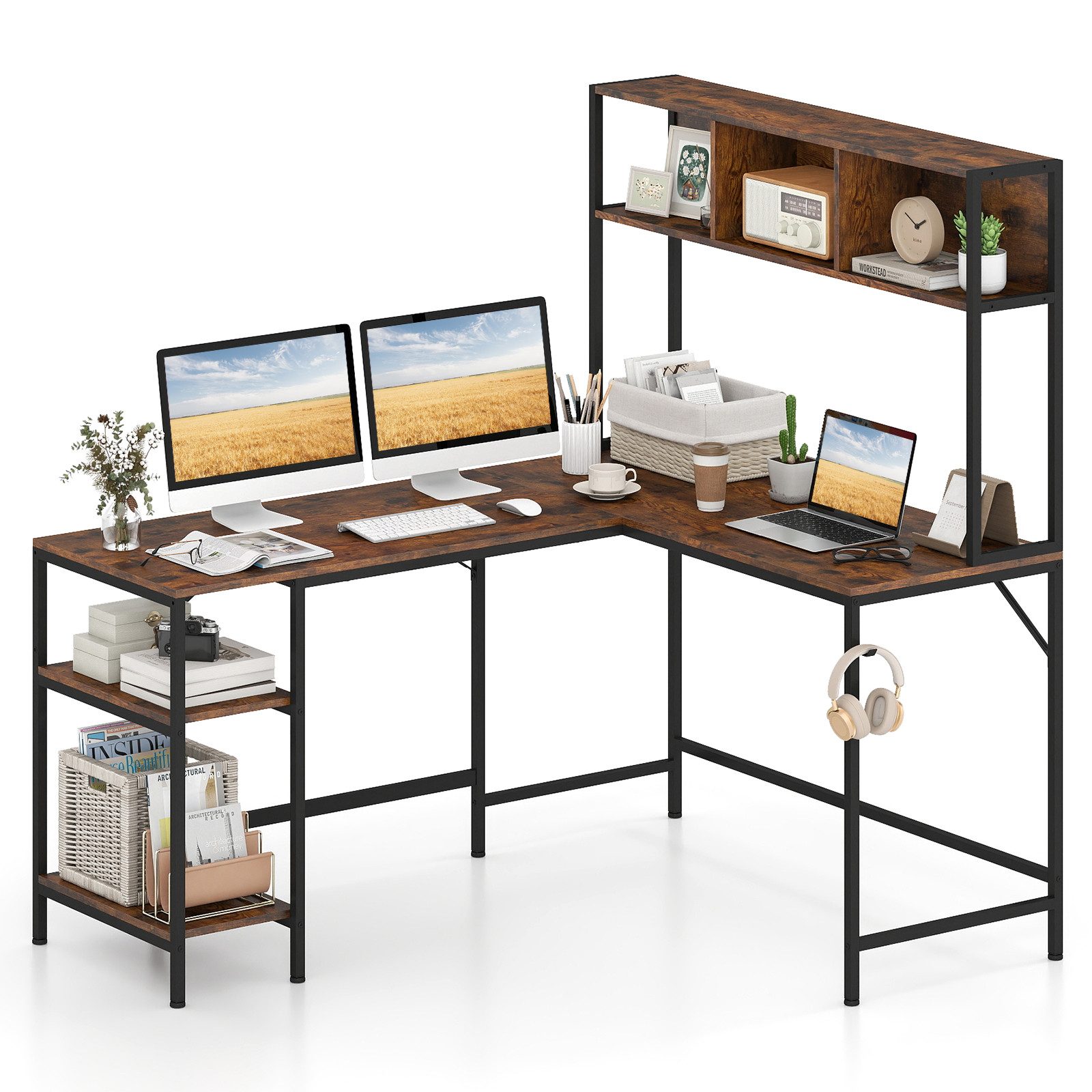 COSTWAY Eckschreibtisch, mit Bücherregal L-förmiger Schreibtisch 150x120cm